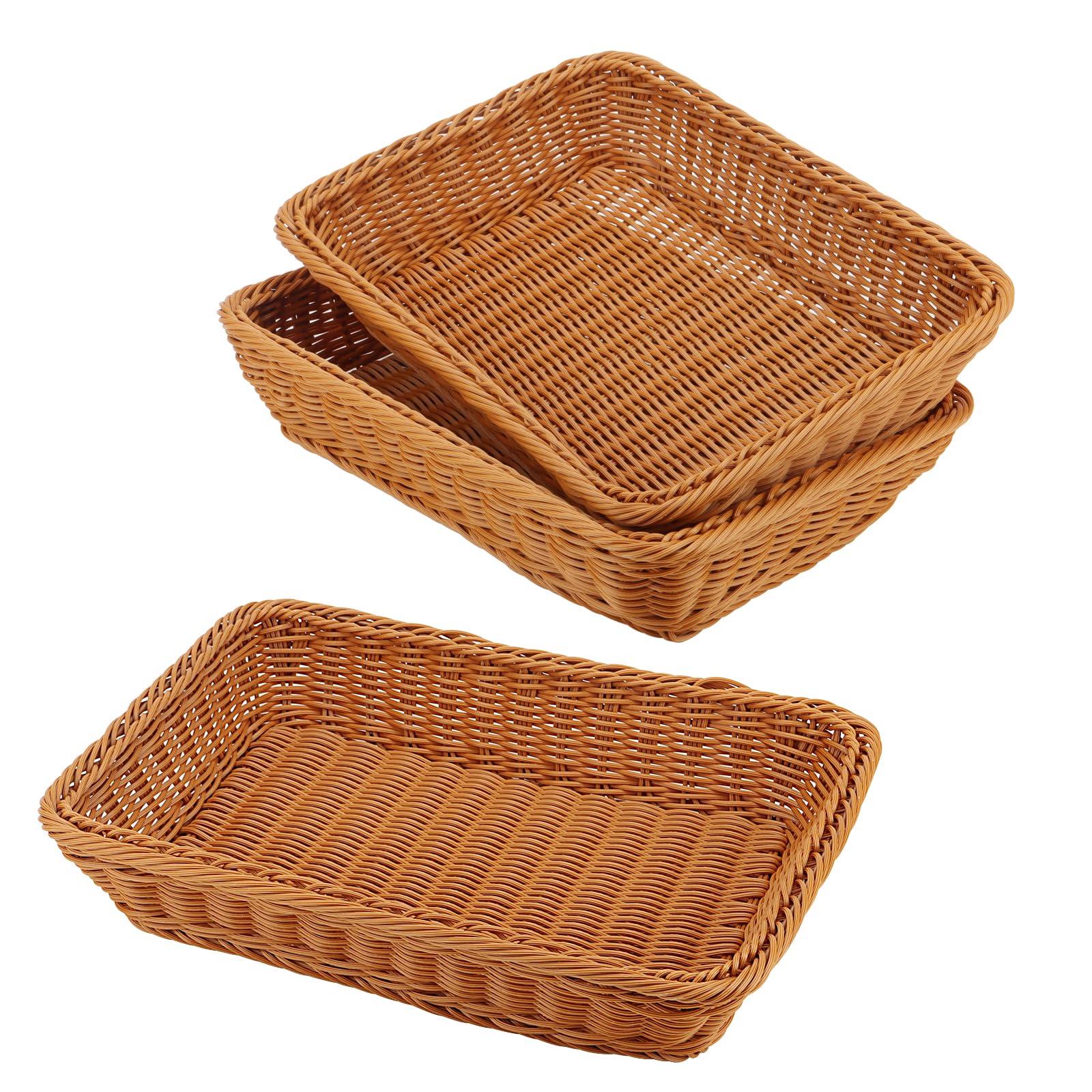 Manchap Brown 3 Pcs Rectangular Poly Wicker Basket, 35 X 25 X 7.5Cm Imitation Rattan Bread Wicker Basket, Woven Serving Fruit Storage Basket For Kitchen