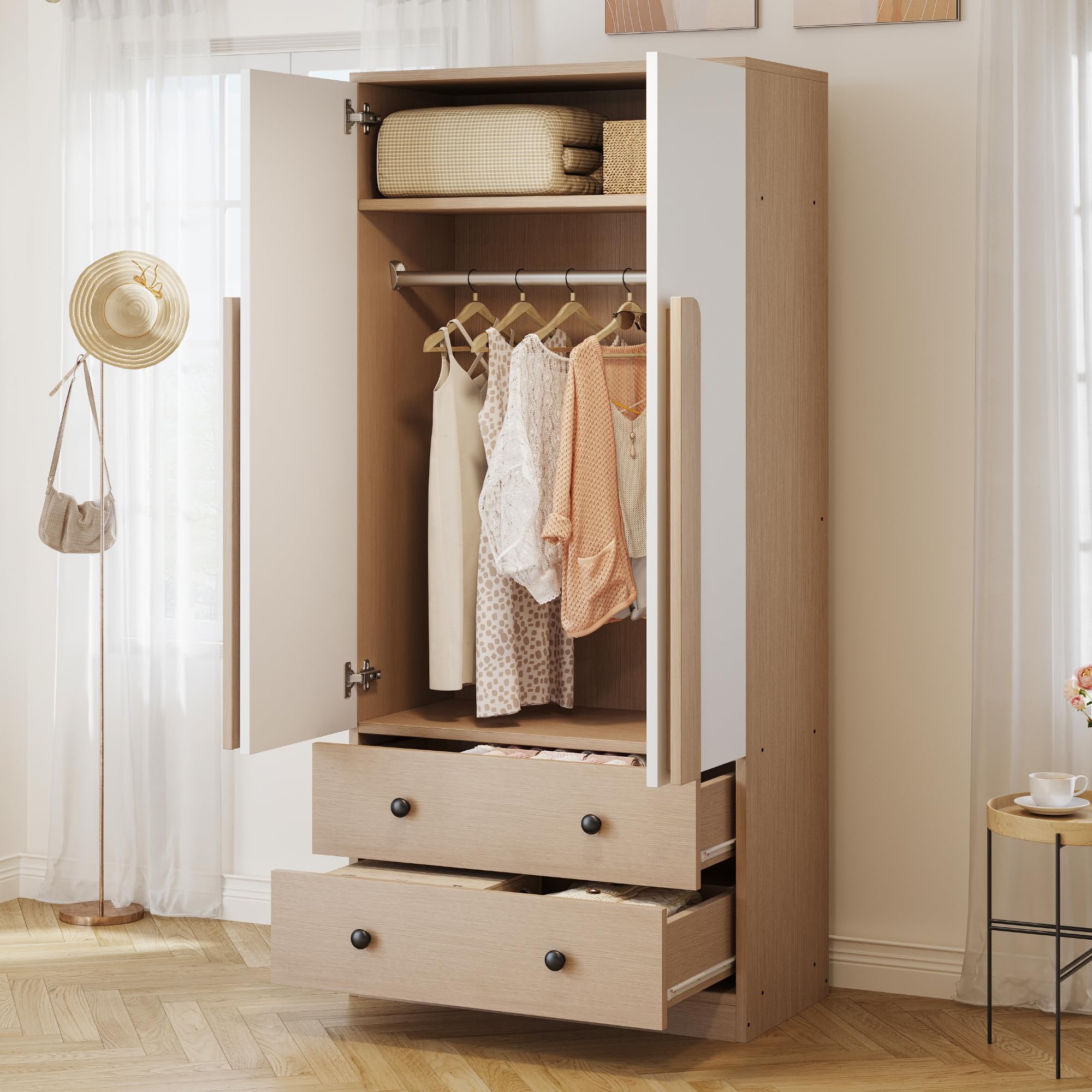 Idemon Armadio 70 x 40 x 170 cm, design a doppia ante, con cassetti e ripiani (naturale)