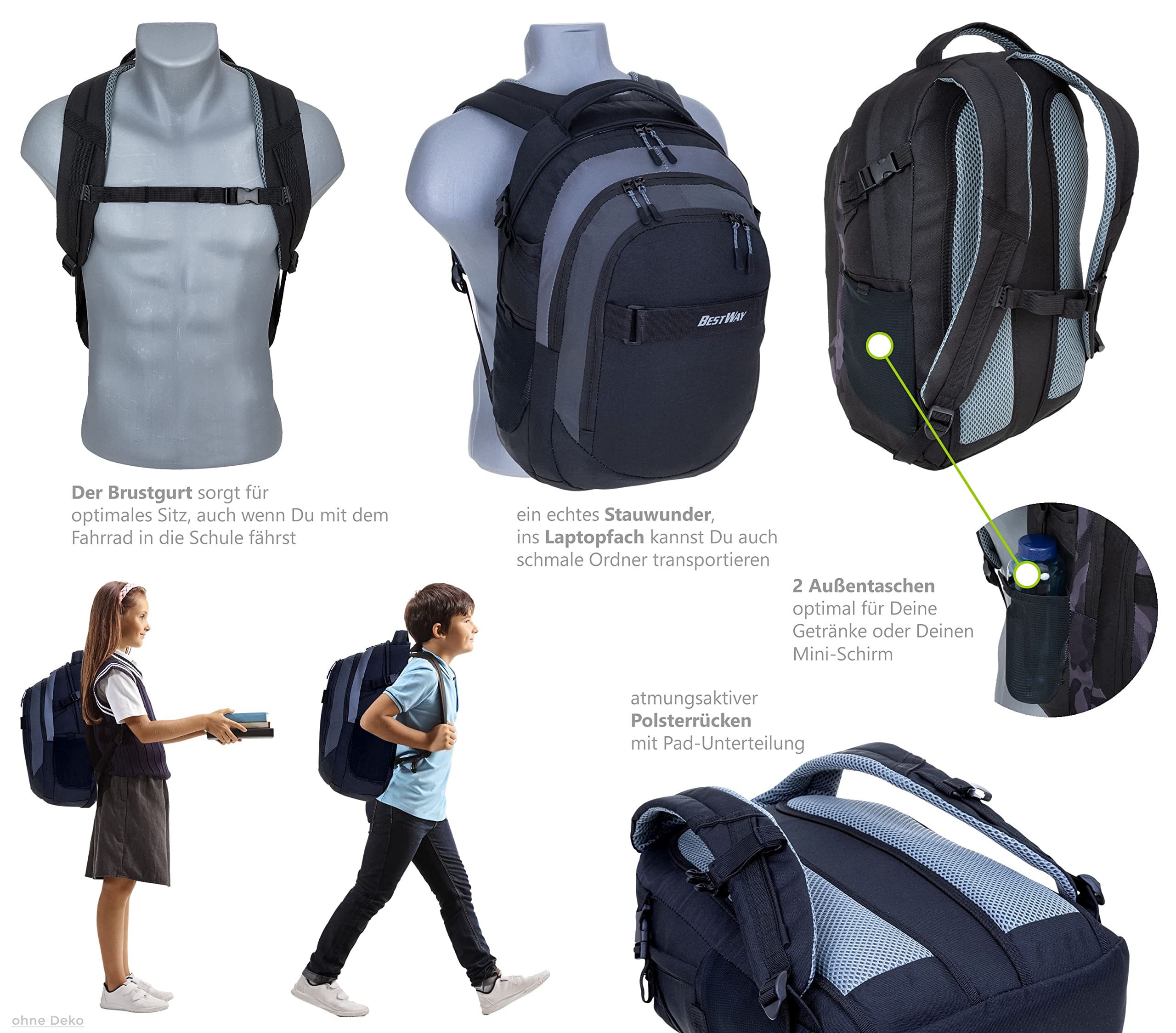 Bestway 2 Teile Set Schulrucksack Packer 40177 0159 Black Grey+ Flasche