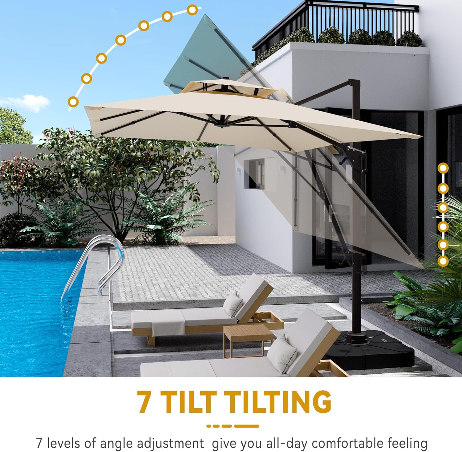 10x13 FT Cantilever Patio Umbrella with Base Included Double Top Outdoor Rectangular Large Heavy Duty Aluminum Offset Umbrellas with 7 Level Tilt 360-degree Rotation for Pool Garden Deck, Beige