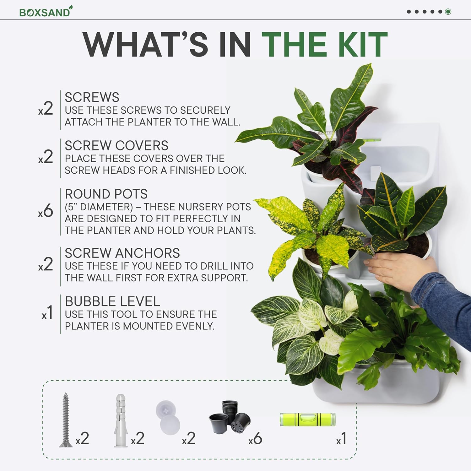 BOXSAND-6 Vertical Wall Planter (12"x26", Black with Round Pots) – Living Wall for 6 Plants, Indoor/Outdoor Vertical Garden System, Easy 2-Screw Install