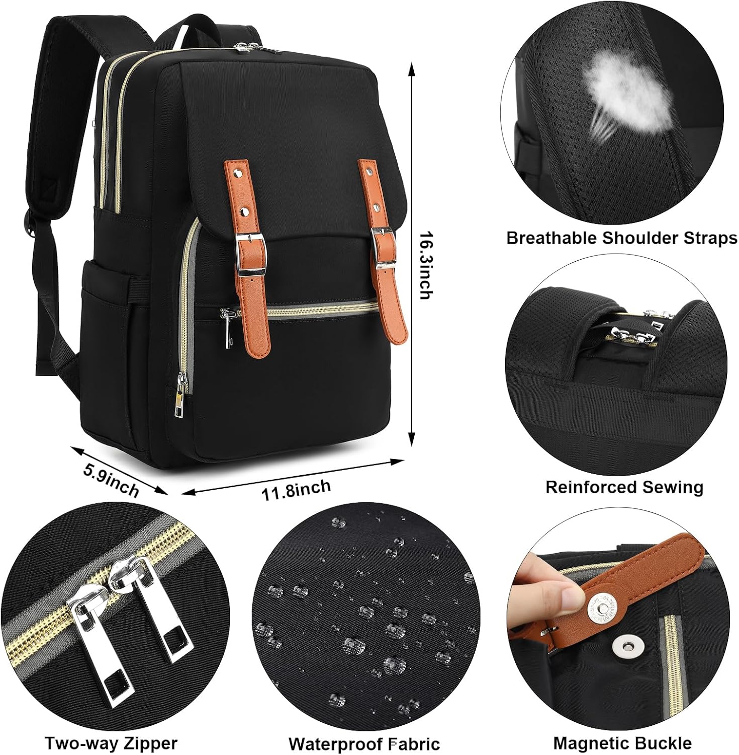 Laptop Backpack for Women Girls School Work Business Travel Computer Backpacks College Bookbag Fit 15.6 Inch Notebook (Black)