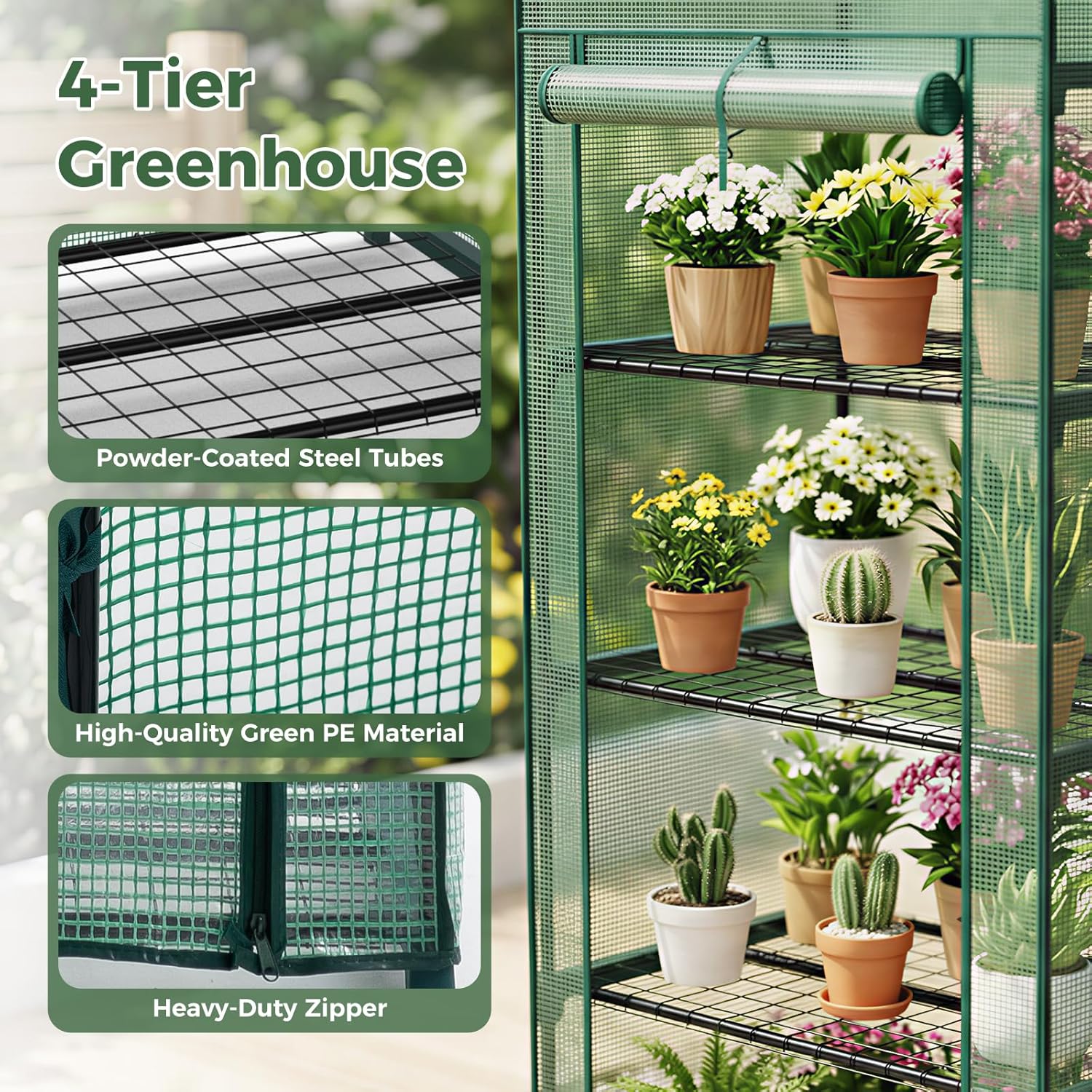 NEWBULIG 4-Tier Mini Greenhouse for Outdoors, Small Green House with Sturdy Frame and Durable Green PE Cover, Portable Greenhouse for Outside and Indoor Use, 27.17 x 19.29 x 63.4 Inches