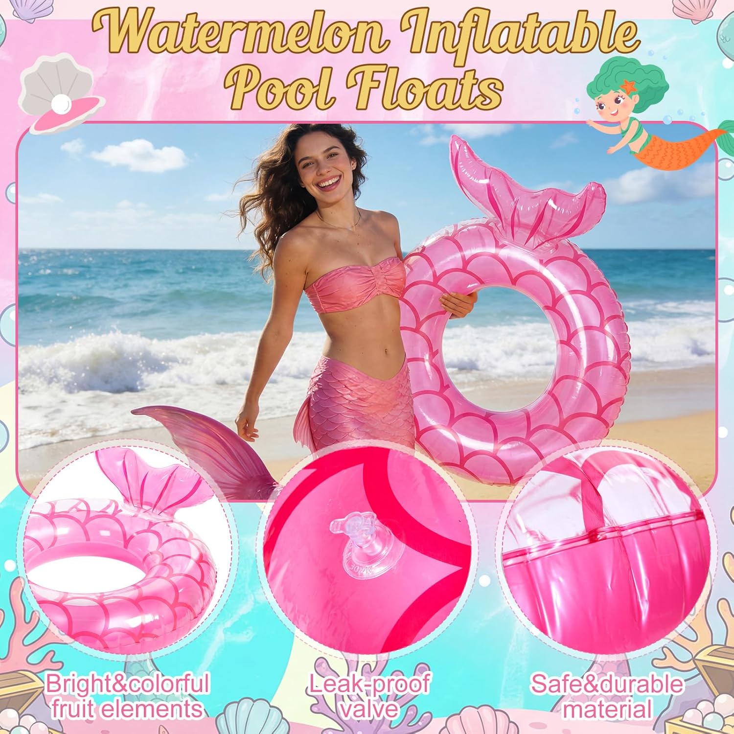Lewtemi 8 Pcs Mermaid Pool Floats Pink Inflatable Swimming Rings Sequins Beach Balls Inflatable Pool Floaties Blow Up Tubes Floaties Hawaiian Beach Summer Tropical Party for Adult