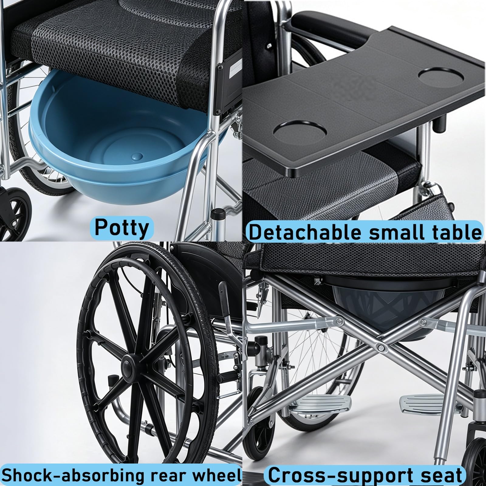 Sillas de Ruedas para Adultos Plegables Silla de Ruedas Ligera para Viajar | Respaldo Alto con Mesa de Comedor con Asiento de Inodoro Deslizante Frenos Dobles Tubos de Acero Engrosados