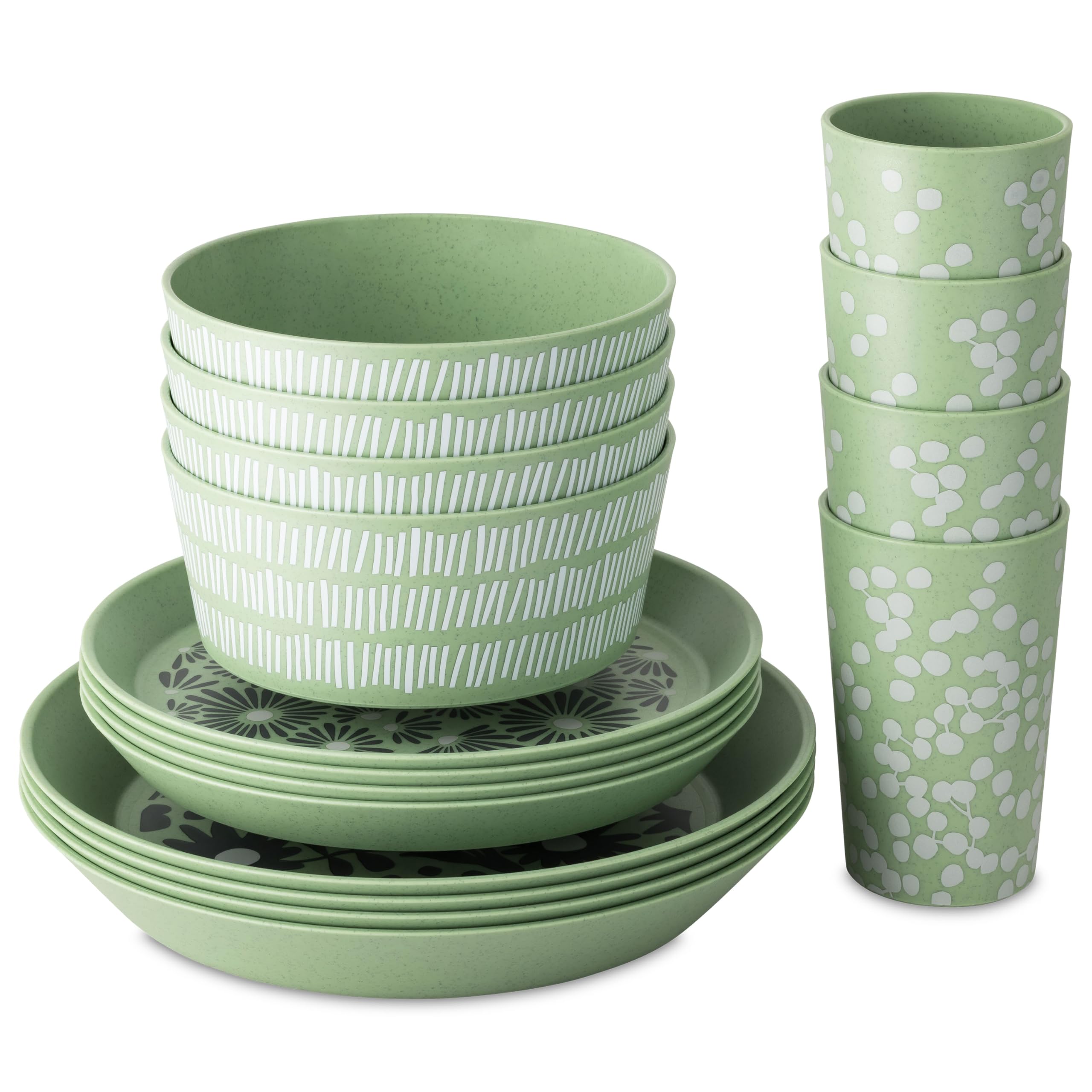 Koziol BLOMSTER SET Geschirrset | 16 Teile, florales Dekor, bruchfest, stapelbar | biozirkulärer Kunststoff, spülmaschinengeeignet, melaminfrei | Camping, Picknick, Party (nature leaf green)