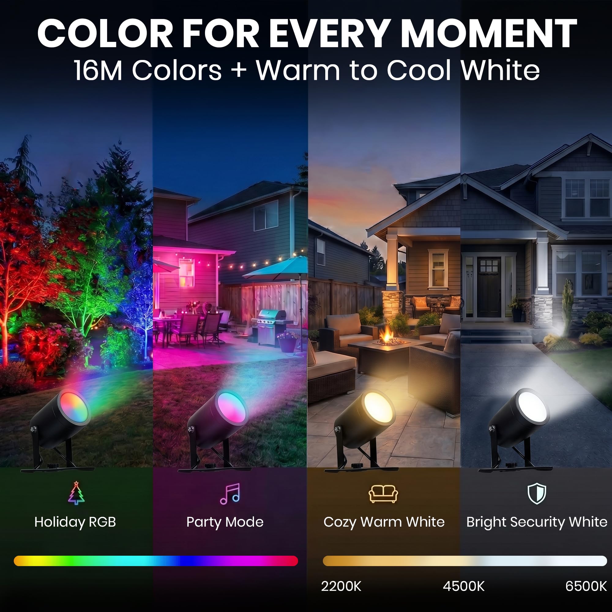 RGBWW - Faretti intelligenti per esterni, confezione da 4 pezzi, 15,2 m, 2000 lumen, dimmerabili, impermeabilità IP65, controllo Alexa e app, luci LED per paesaggi bassi
