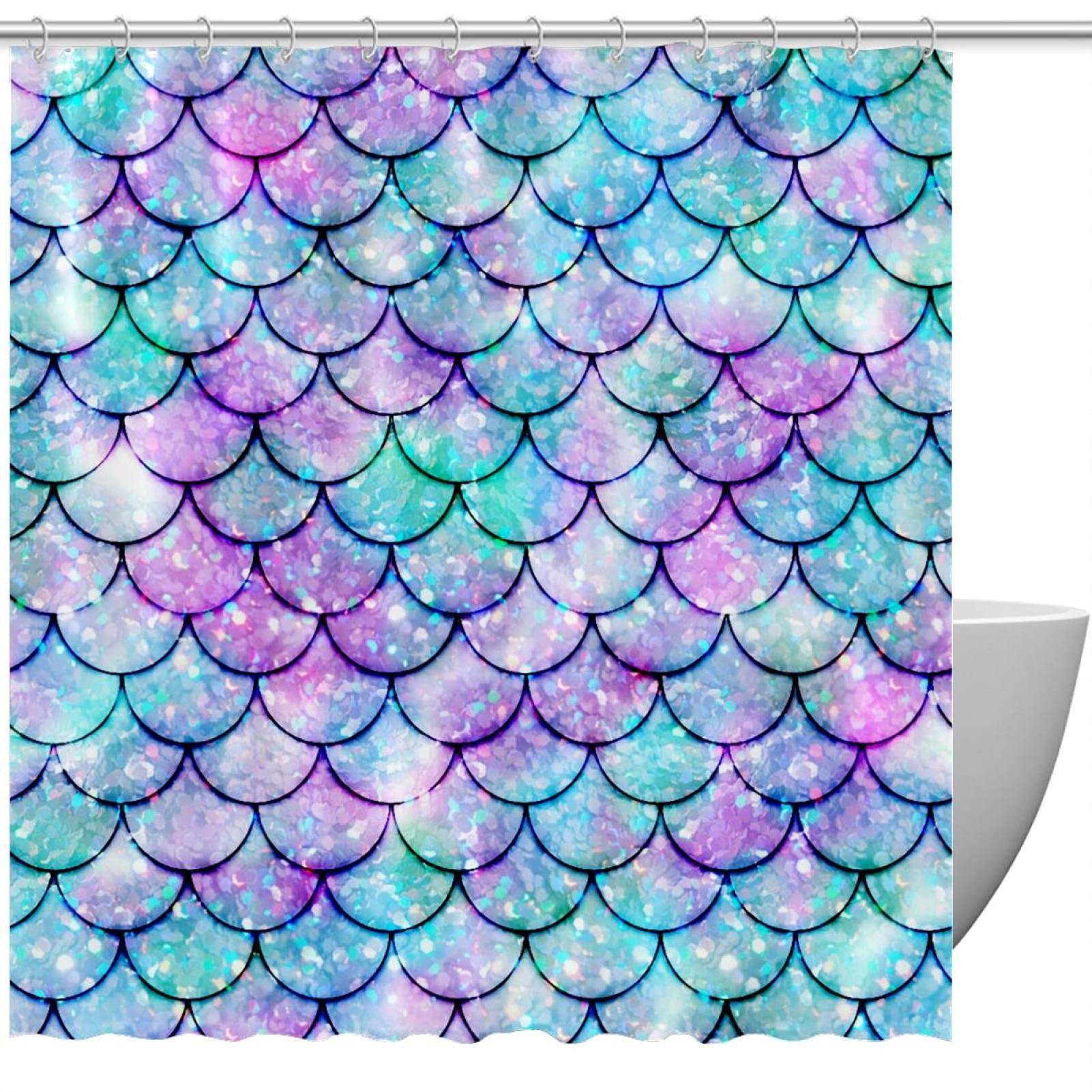 Rideau de salle de bain avec crochets sirène en textile lavable étanche