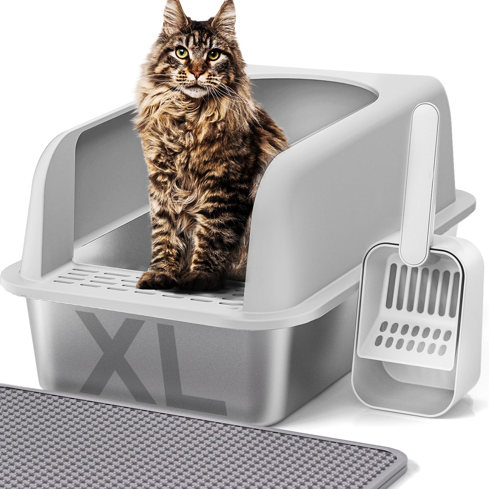 Henkelion Stainless Steel Cat Litter Box with Lid, 24" L x 16" W x 11.8" H, Extra Large Litter Box for Big Cats with High Sided, Anti-Urine Leakage, Easy Cleaning, Include Cat Mat and Scoop