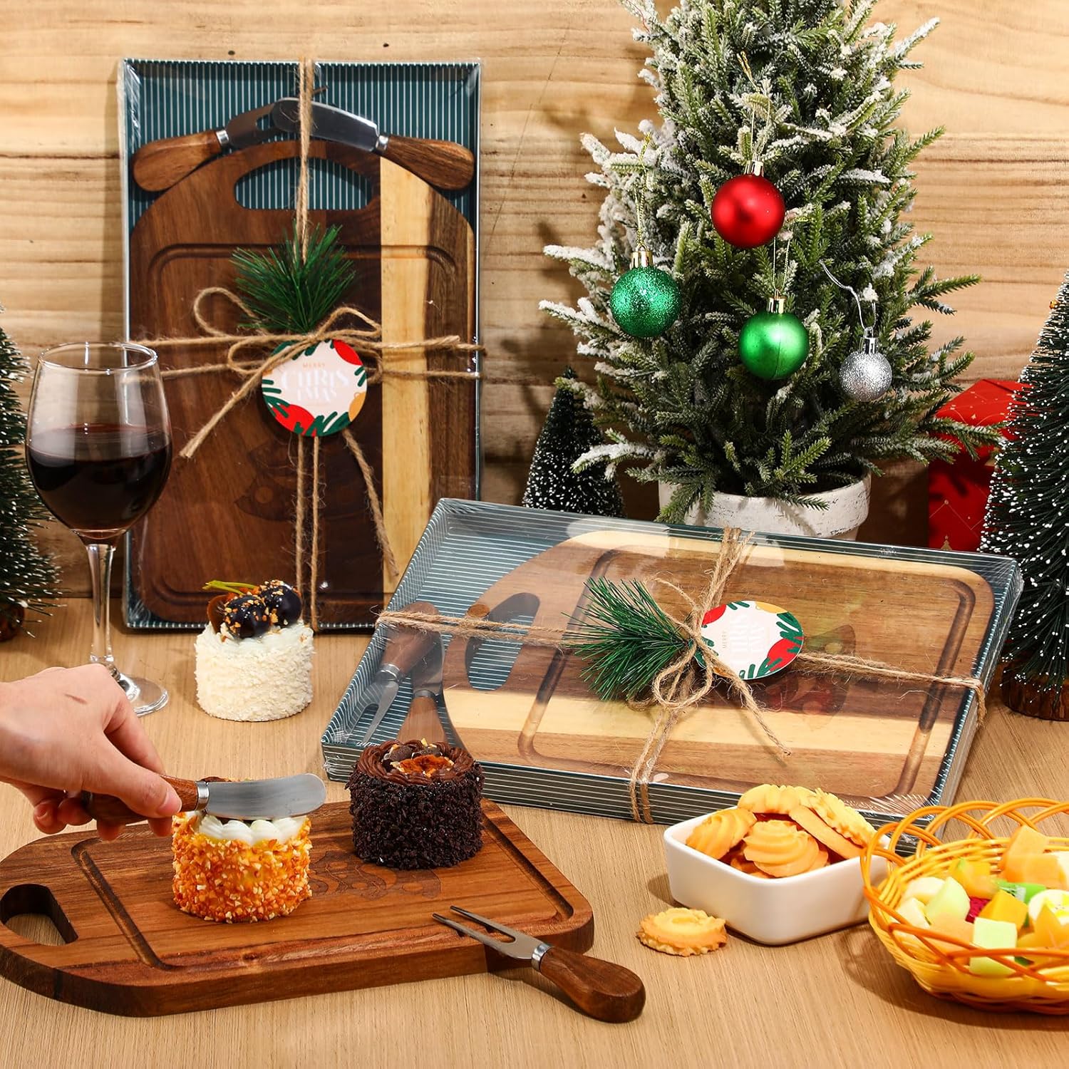 Sawysine 8 Sets Christmas Cheese Board Gift, Engraved Acacia Wood Cutting Board with Cheese Knife,Fork,tag,Charcuterie Boards for Holiday Party, Bridal Shower,Wedding, Housewarming Gifts(11" X 8")