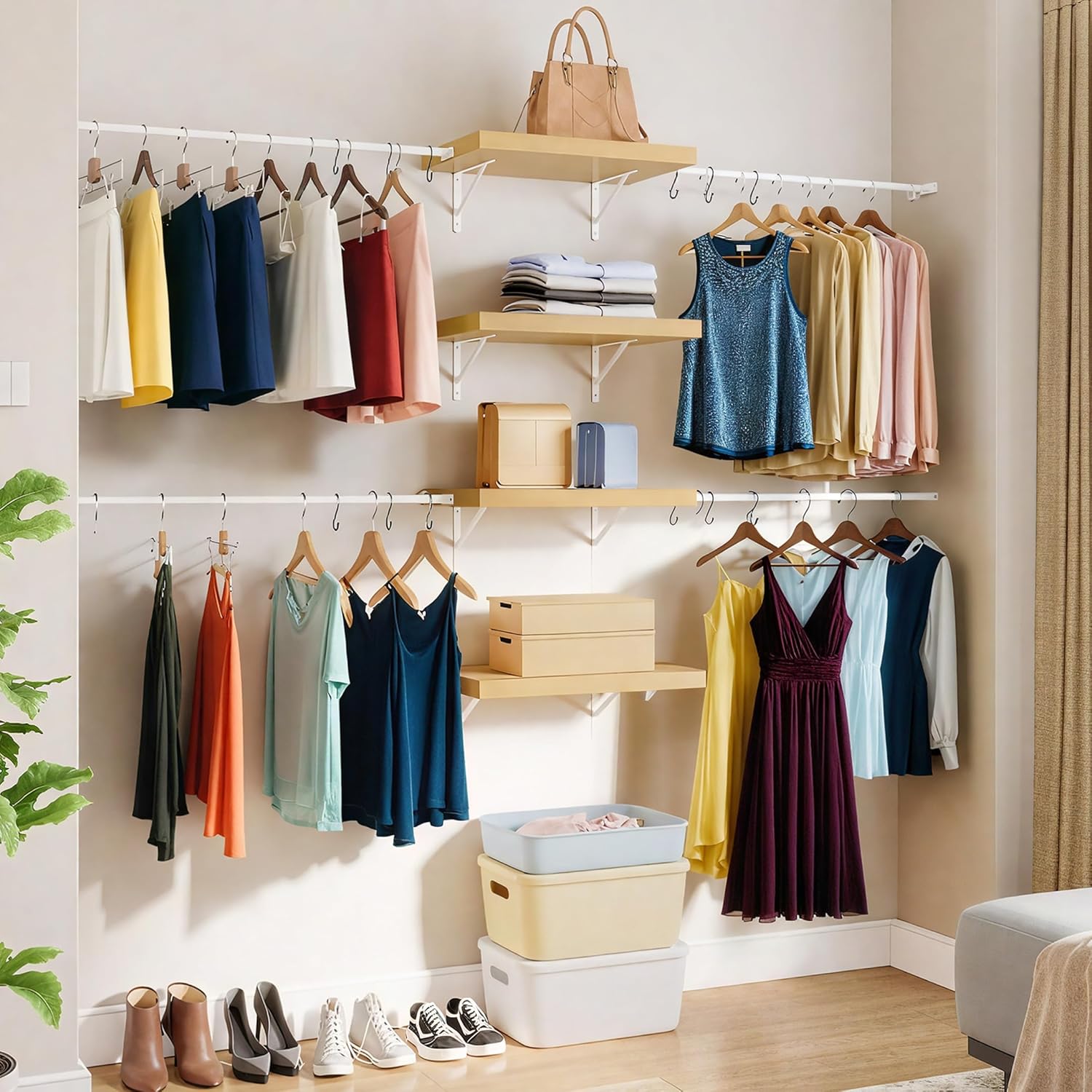 YITAHOME Wall-Mounted Closet System with Expandable Rod and Thickened Shelves – Adjustable Clothing Rack for Bedroom, Laundry Room and Cloakroom, Suitable for 2-8 Feets Space