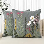 AVOIN colorlife Spring Couvertures d'oreillers brodés d'été Floral Daisy, 18 x 18 Inch Bleu foncé Fleurs colorées Décor Tufted Patterned Lin Coussin Case pour Canapé Couch Ensemble de 2