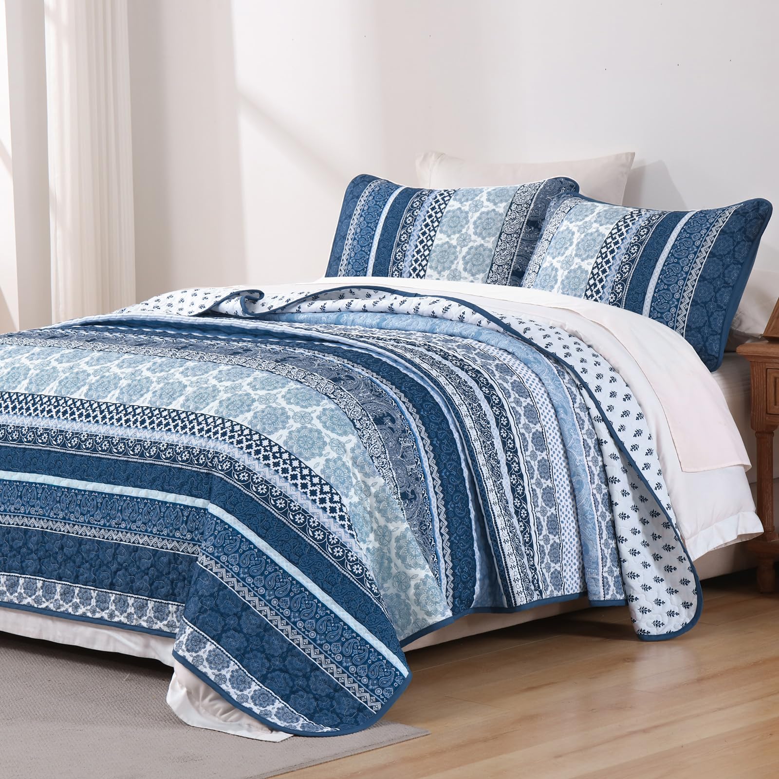 WONGS BEDDING Boho Quilt Set King Size, Navy Blue Bohemian 3