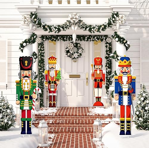 Miniatura 5 de Geetery 4 carteles grandes de cascanueces de Navidad para patio con 16 estacas para decoración de patio al aire libre, vacaciones, Navidad,