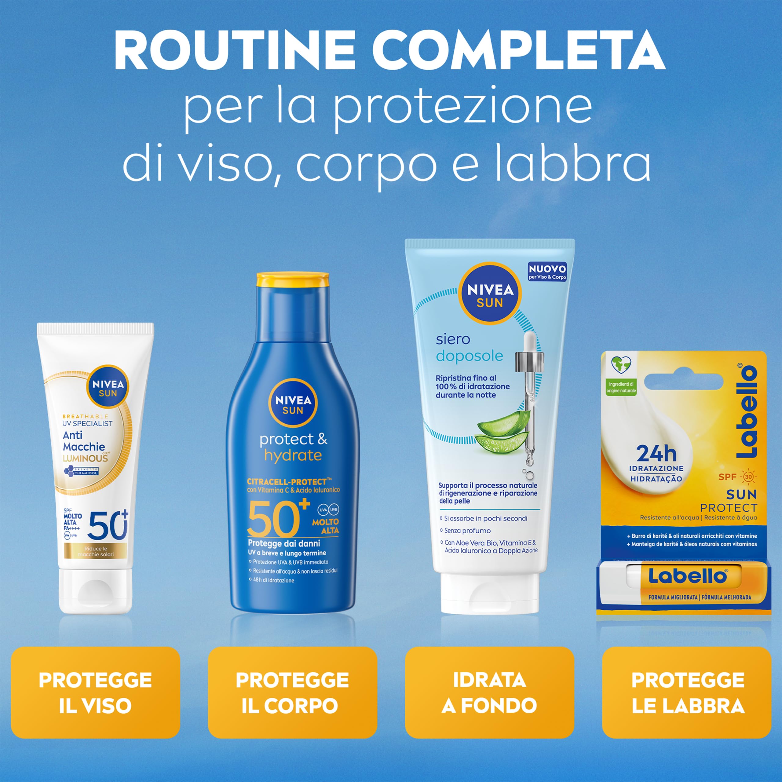 NIVEA SUN Cofanetto con Crema Solare Protect & Hydrate SPF 50+ 100 ml, Crema solare viso 50+ Luminous630 40 ml, Siero Doposole 100 ml e Labello Sun Burrocacao 4.8 g – Kit Esclusiva Amazon