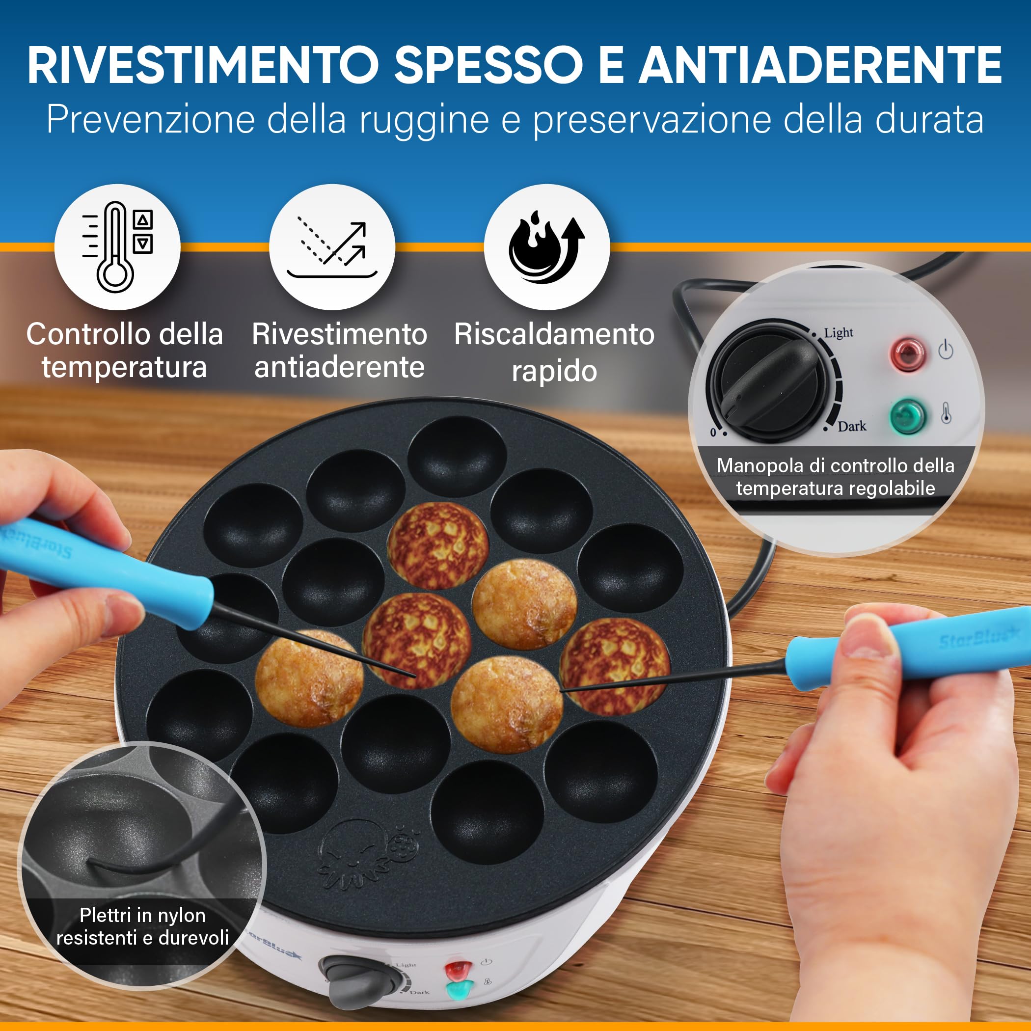 StarBlue Macchina per Takoyaki 18 fori 700W 220V 50Hz con Controllo Temperatura Spina UK Adattatore UE