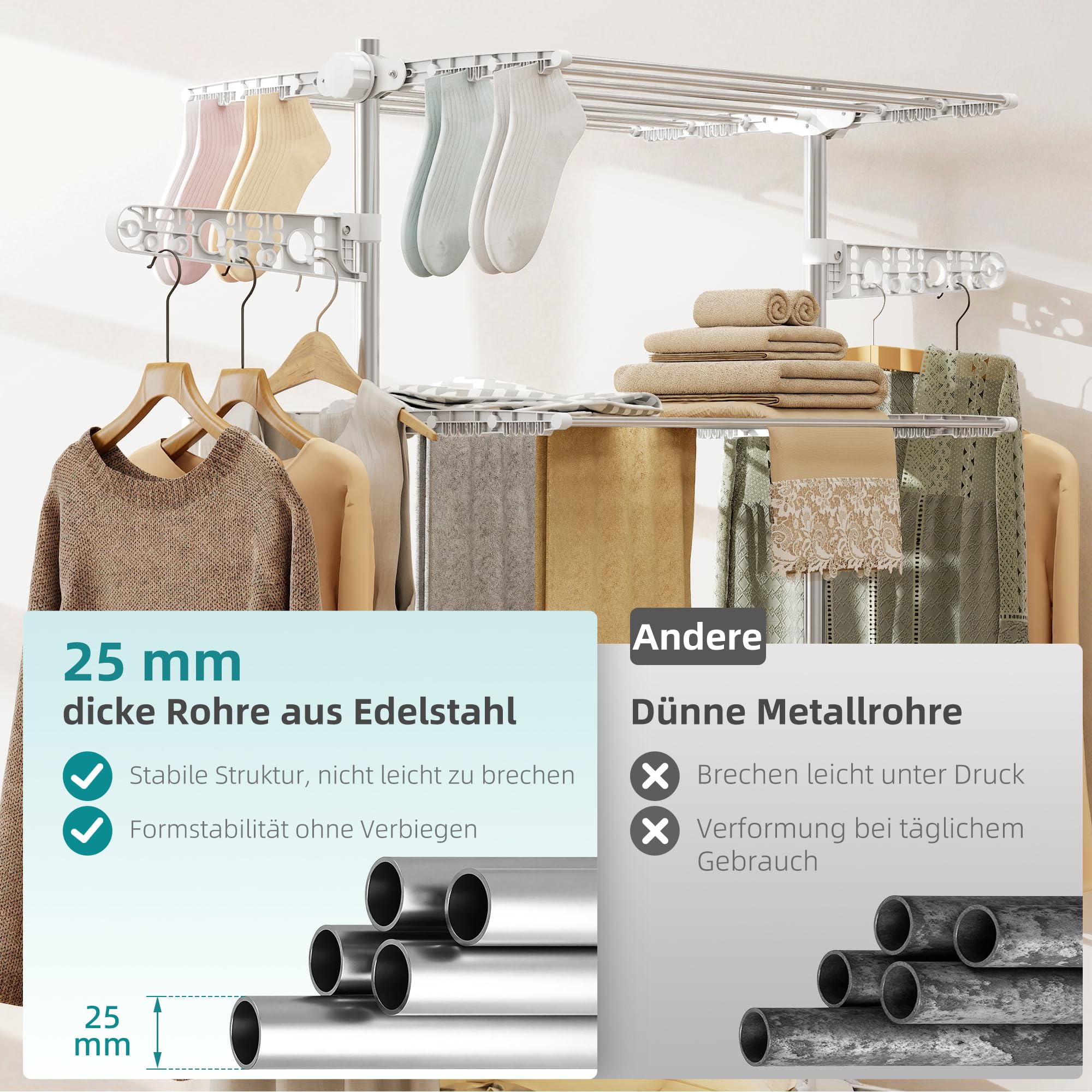 HOMCOM Wäscheständer Turm Standtrockner mit 4 Ebenen, klappbare Flügel, Rollen, Turmwäscheständer für Innen und Außen, 142 x 55 x 172 cm, Weiß