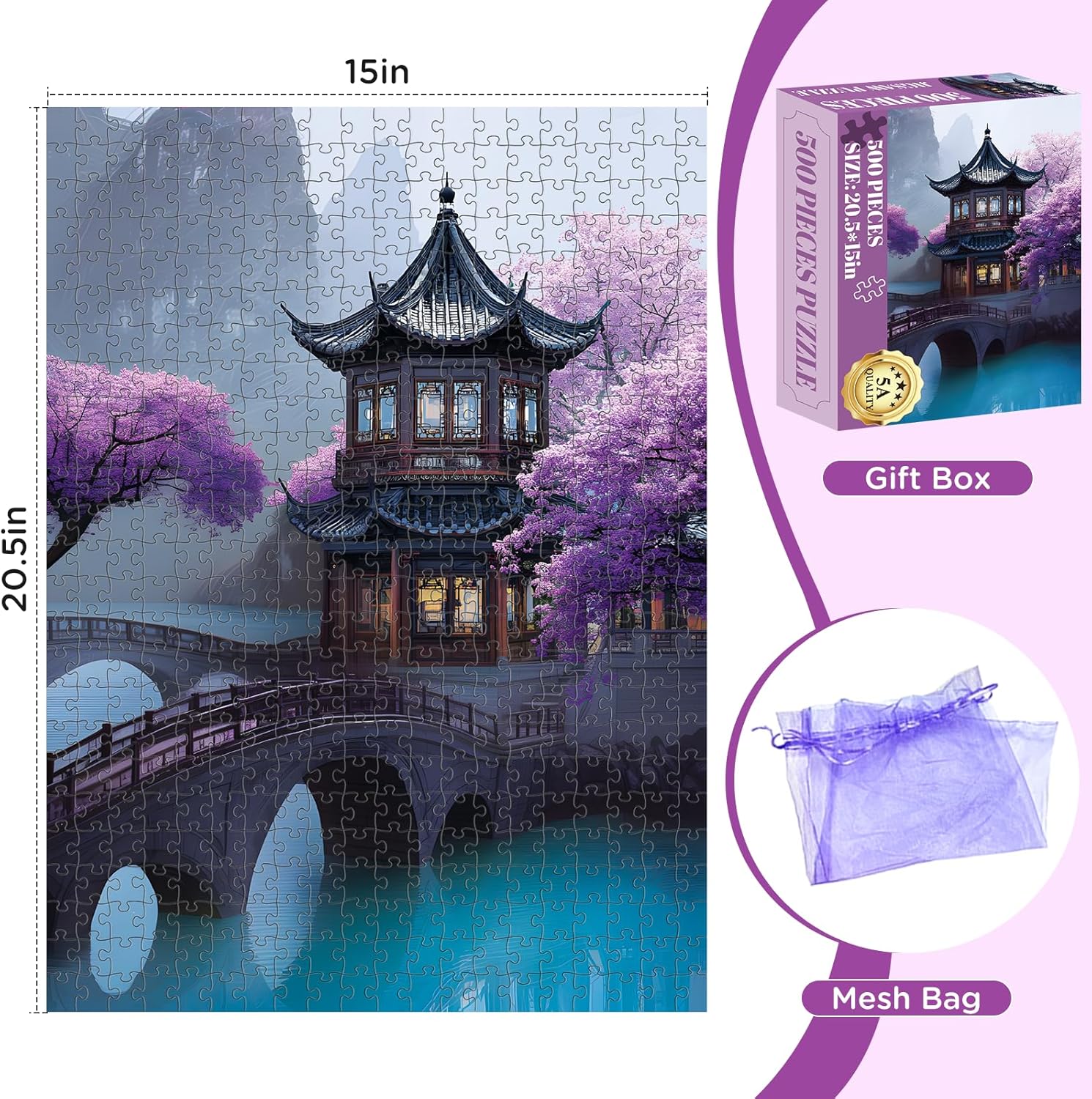 500 Piece Puzzles for Adults, Cherry Blossom Pavilion Dreamscape Puzzles, Vintage Flower Tree Scenery Jigsaw Puzzle, challenging Unique Lake Park Theme Puzzle as Home Decor Gift, 20.5 x 15 in
