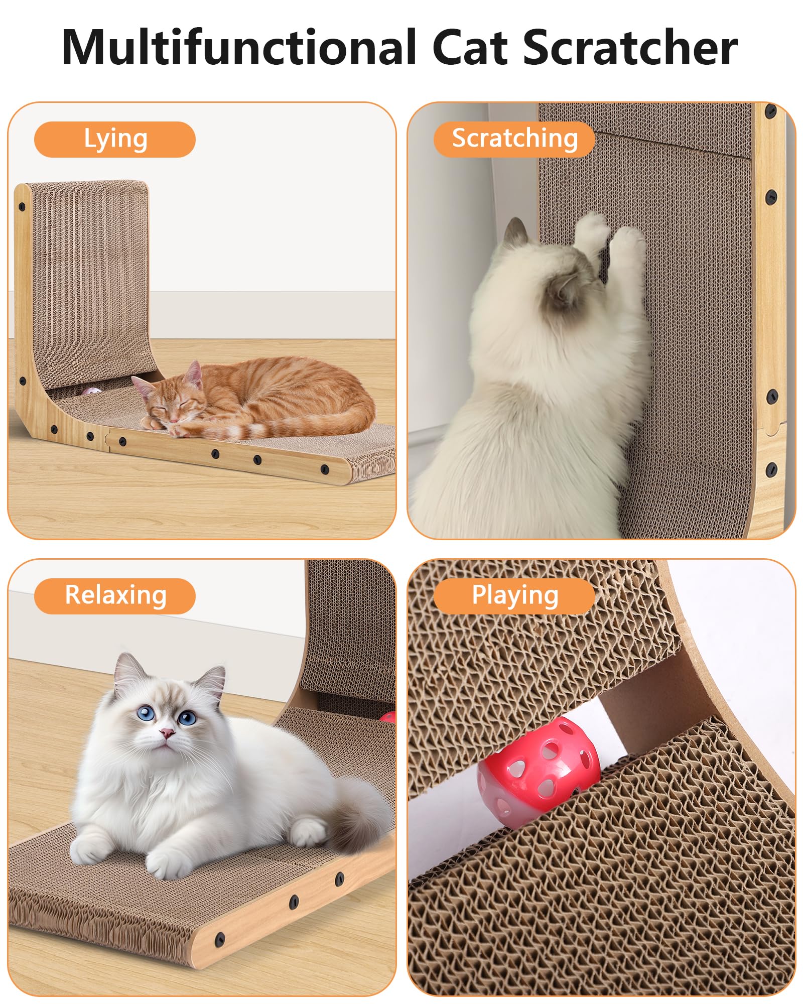 Rascador para gatos en forma de L, rascador para gatos de interior, cartón para gatos con juguete de bola (67.8 x 41.9 cm)