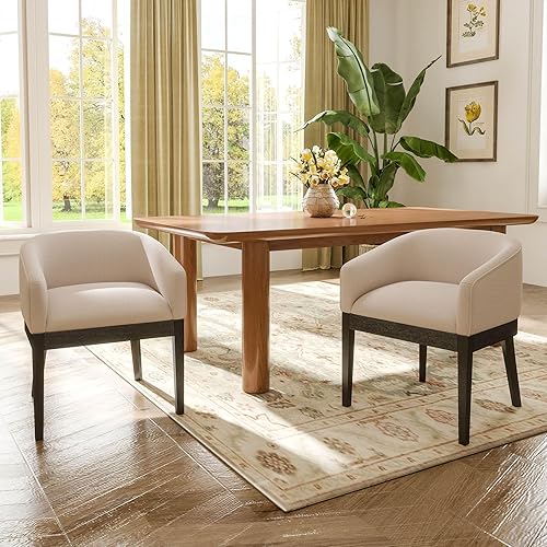 Washon - Juego de 2 sillas de comedor tapizadas con brazos, sillas de comedor de tela de lino de granja con patas de madera negra, sillas de brazo