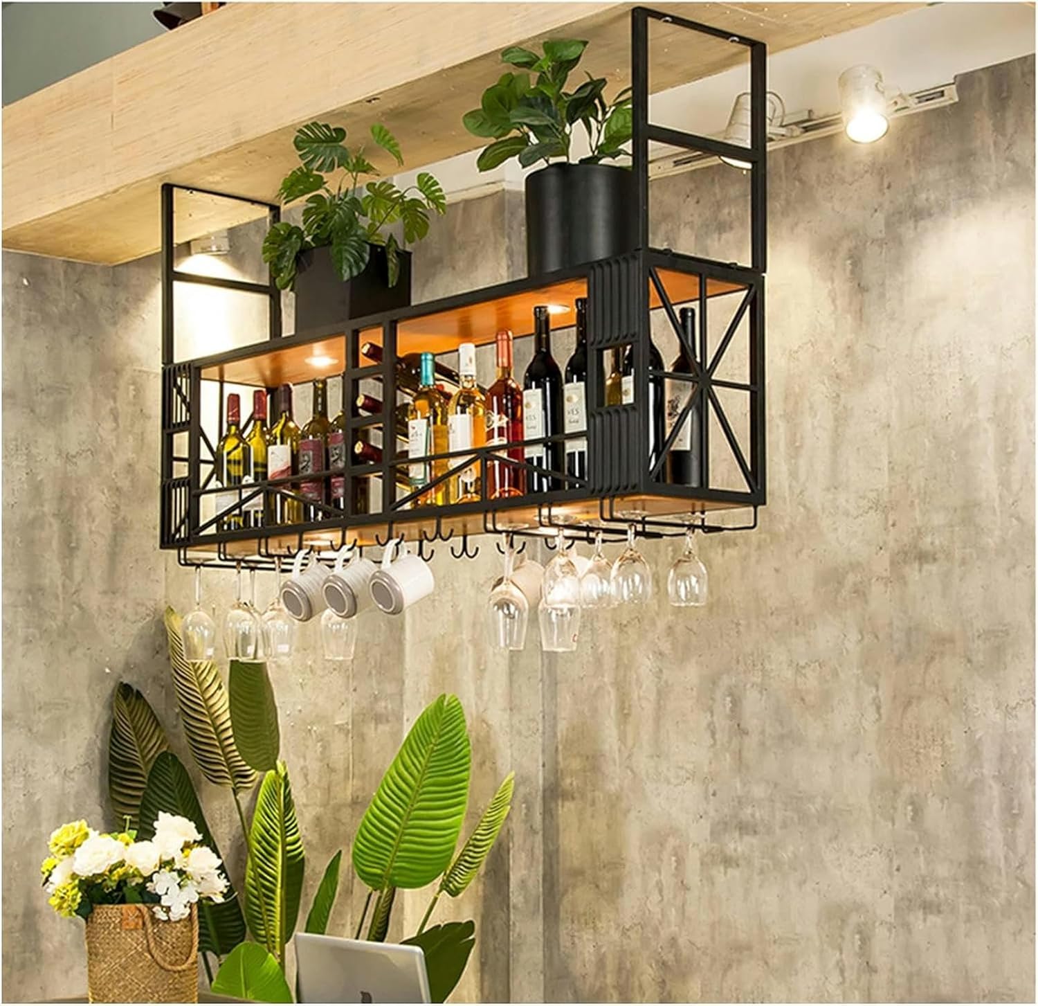 Ceiling Wine Rack, Wine Cabinet Bar Decoration Hanger Household Solid Wood Ceiling Cabinet Multi,Functional Display Rack,