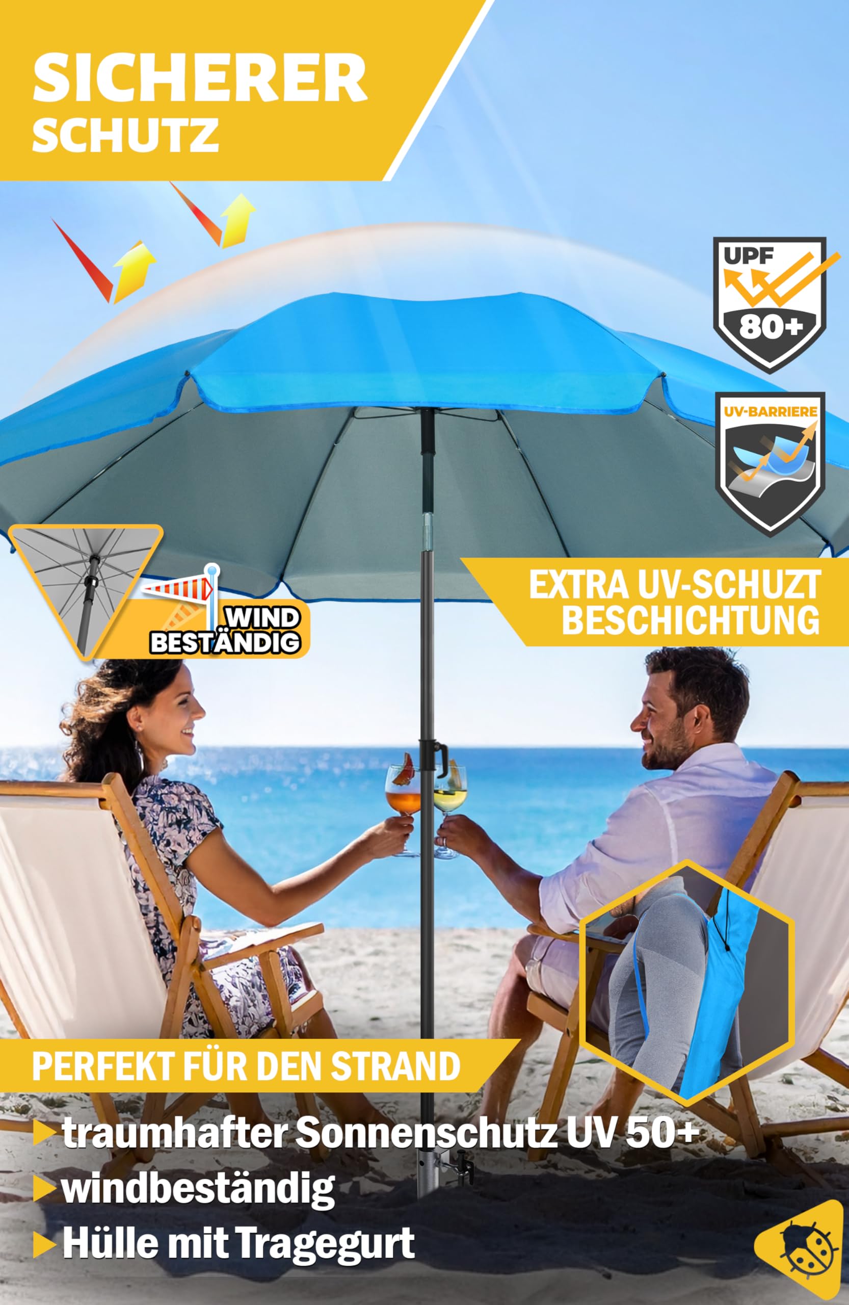 Menz Sonnenschirm Strand mit UV80 Sonnenschutz Strand – Strandschirm Windfest Stabil Ø 180 cm 3er Set, Einschraubhülse Bodenhülse & Schirmhülle, Blau, für Strand, Garten & Camping