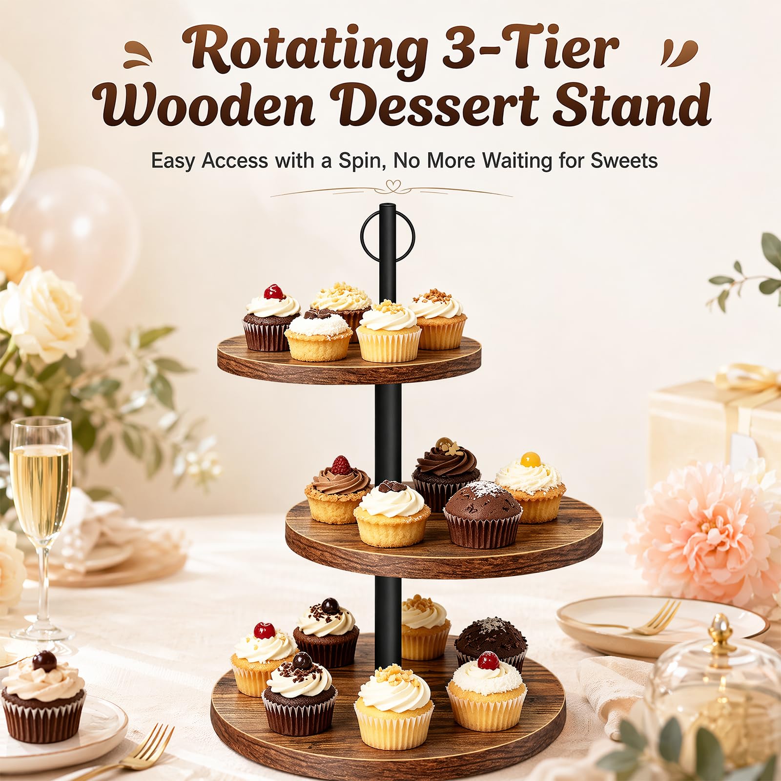 Alzata a 3 ripiani in legno, grande supporto per cupcake, girevole, rotonda, per muffin, torte, dessert, matrimoni, feste di compleanno (diametro 30/25/20 cm)