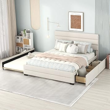 Queen Upholstered Platform Bed with Trundle and Drawers,Modern Wood Bed Frame with Headboard, No Box Spring Needed,Beige