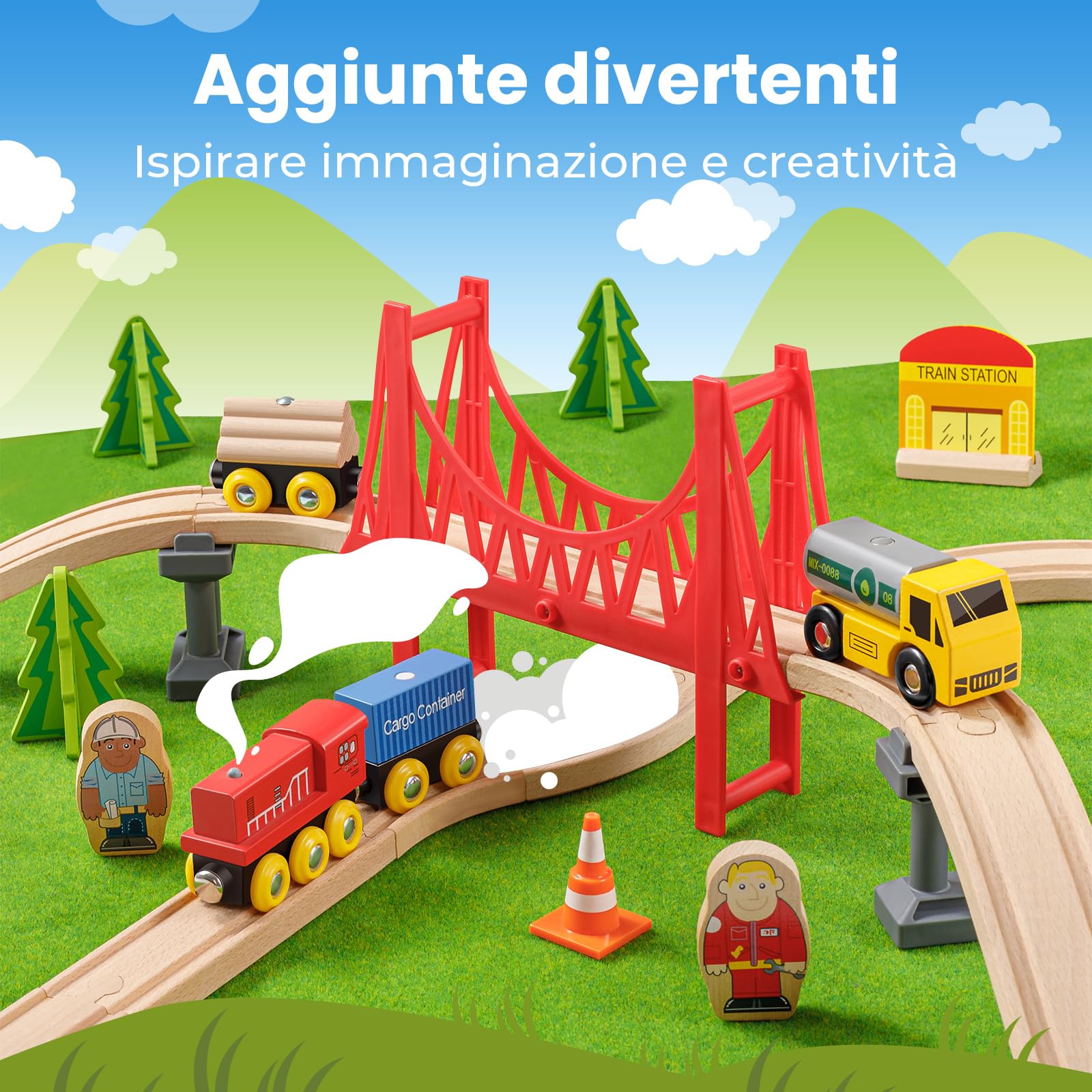 Tiny Land Set di 55 pezzi per gru e treni esclusivi, compatible con tutte le principali marche di treni in legno