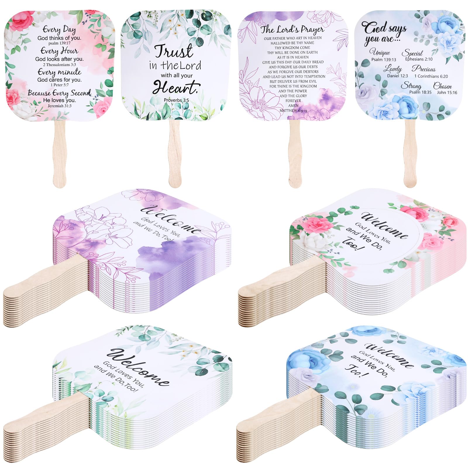 Blulu 60 Pcs Christian Church Fans Handheld Set Religious Paper Hand Fans Bulk Religious Gifts for Church Services Lord's Prayer Bible Verses Inspirational Scripture Christian Gift Present (Classic)