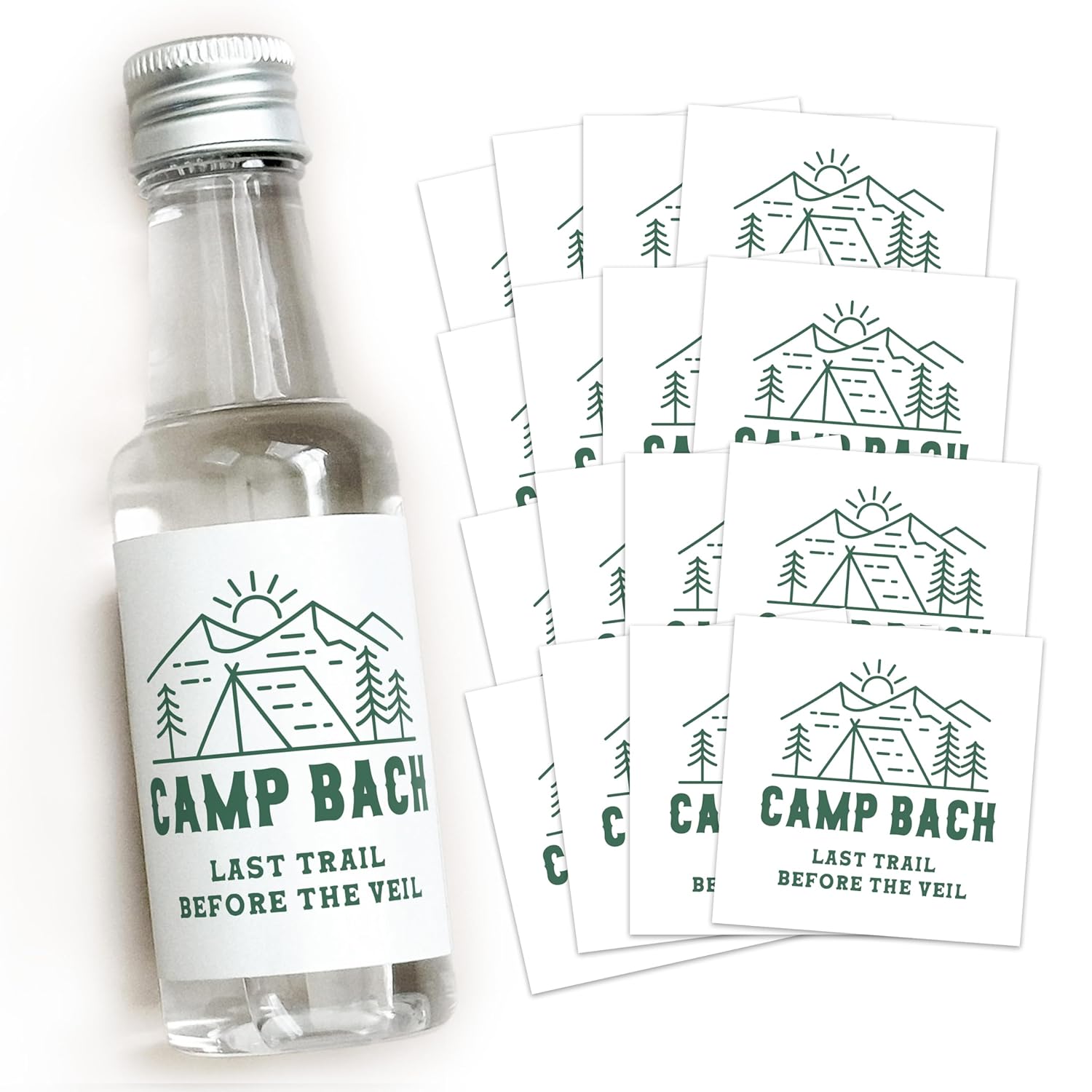 Camp Bach Liquor Labels - 50 mL Camp Bachelorette Party Favor Stickers, Bachelorette Shot Bottle Label, Camping Party Decorations, Last Trail Before the Veil, Bachelorette Tequila Label (Camp Bach) (Camp Bach) Thumbnail