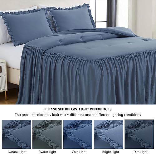 Miniatura 5 de Chezmoi Collection Sinclair - Juego de colcha de 3 piezas con falda con volantes, estilo campestre francés chic, tamaño Queen, color azul polvoriento