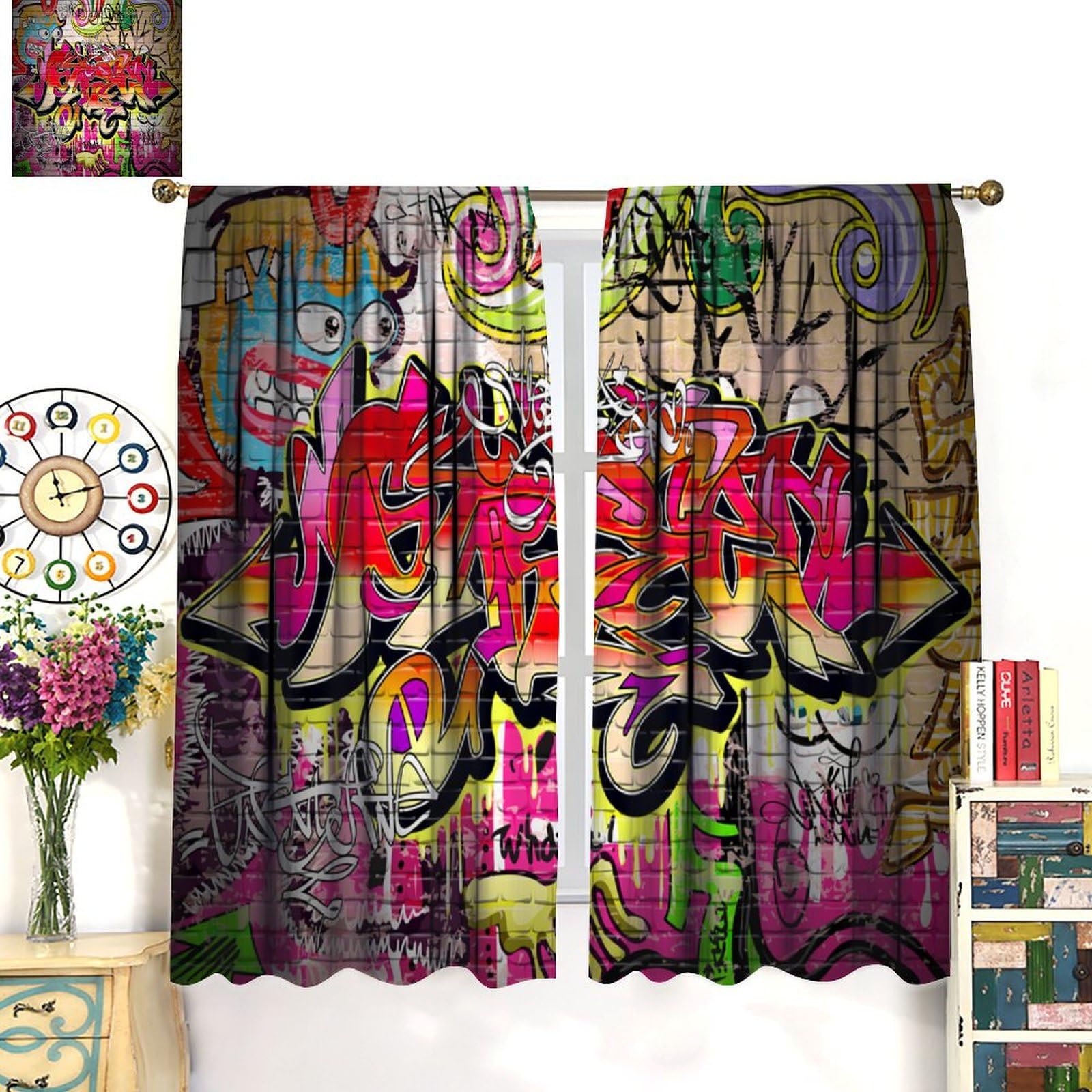 JADERYS Graffiti Blackout Curtains Abstract Art Street Wall Graffiti Cool Colorful Boys Teen Men Bedroom Living Room Bathroom Rod Pocket Decoration Window Drapes 2 Panels W21xL54in