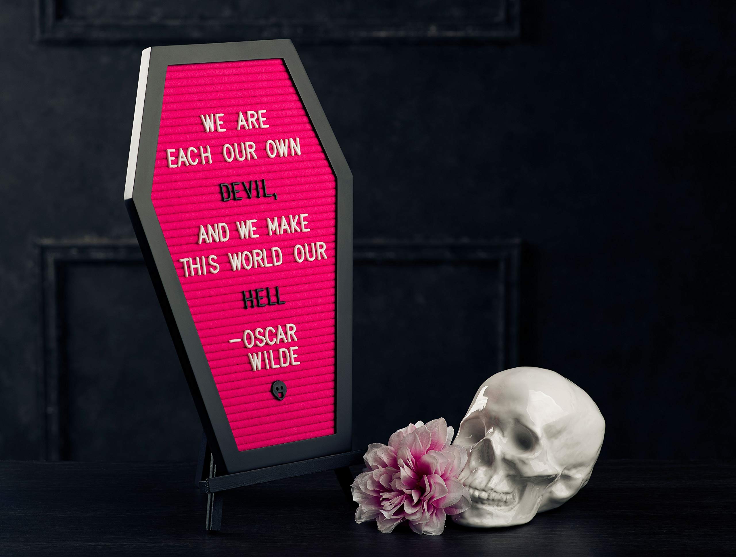 Coffin Letter Board +3D Bat Stickers +650 Characters, Spooky & Seasonal Emojis, Wooden Stand - 17x10.5 Inches - Coffin Shaped Goth Decor Sign Witchy Halloween Decorations Gothic Decor Birthday Wedding Home Spooky Gifts: Pink