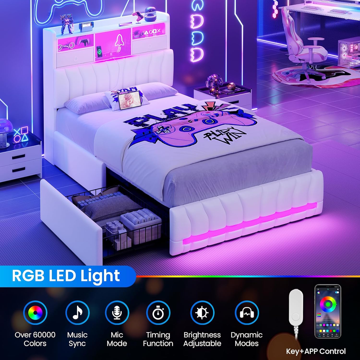 DICTAC Twin Bed Frames with Storage Headboard and 2 Large Drawers, Gaming Bed with RGB Lights and Charging Station, Leather Upholstered Platform Bed, Esports-Style Bed, No Box Spring Needed, White