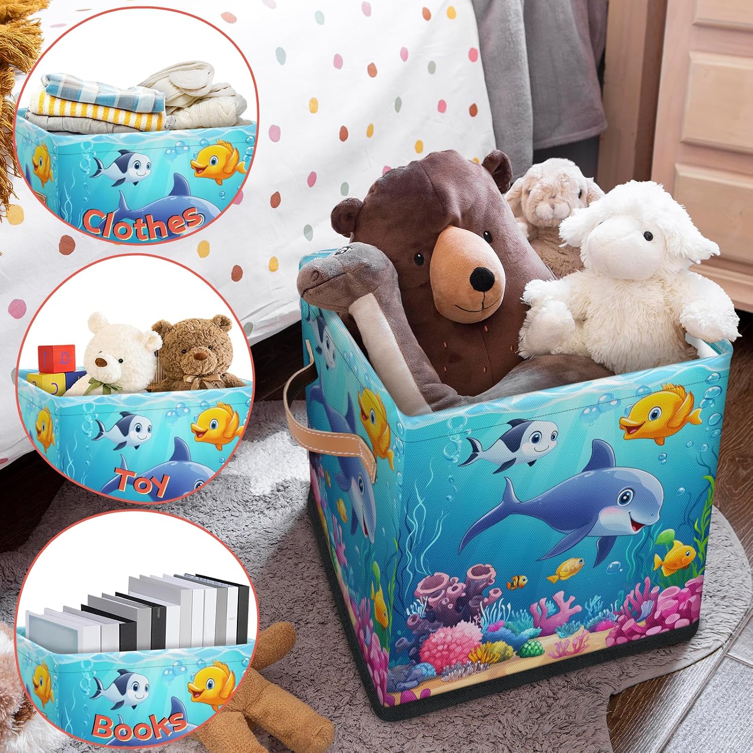 Sea Animals 11" Storage Cube Organizer with Dolphin, Stingray, Seaweed Design - Clothes Storage Basket Bin for Closet Shelf, Nursery, Kid Room, Book, Toy Chest - Non-Woven Fabric - 1Pcs