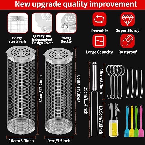 Miniatura 2 de Cestas de parrilla rodantes para parrilla al aire libre, barbacoa, parrilla de acero inoxidable, accesorios de parrilla de barbacoa, cesta redonda