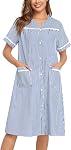 YOZLY Robe de maison brodée femme manches courtes manteau de maison avec poches avant noir S-3XL