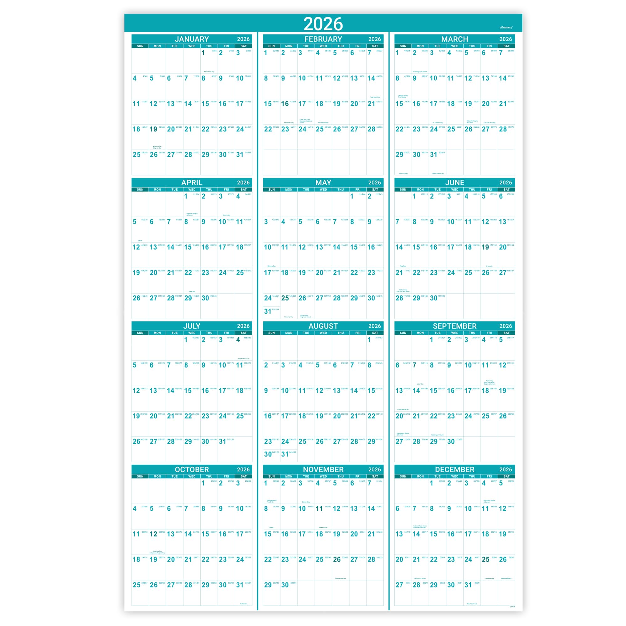 2026 Wall Calendar - Yearly Wall Calendar 2026 with Julian Date, Jan 2026 - Dec 2026, One Page for Organizing, Premium Thick Paper, Vertical, Gift Pocket, 34.8" x 22.8" (Open)