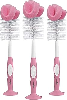 Reusable Sponge Baby Bottle Cleaning Brush Set with Suction Cup Stand, Scrubber and Cleaner, Pink, 3 Pack