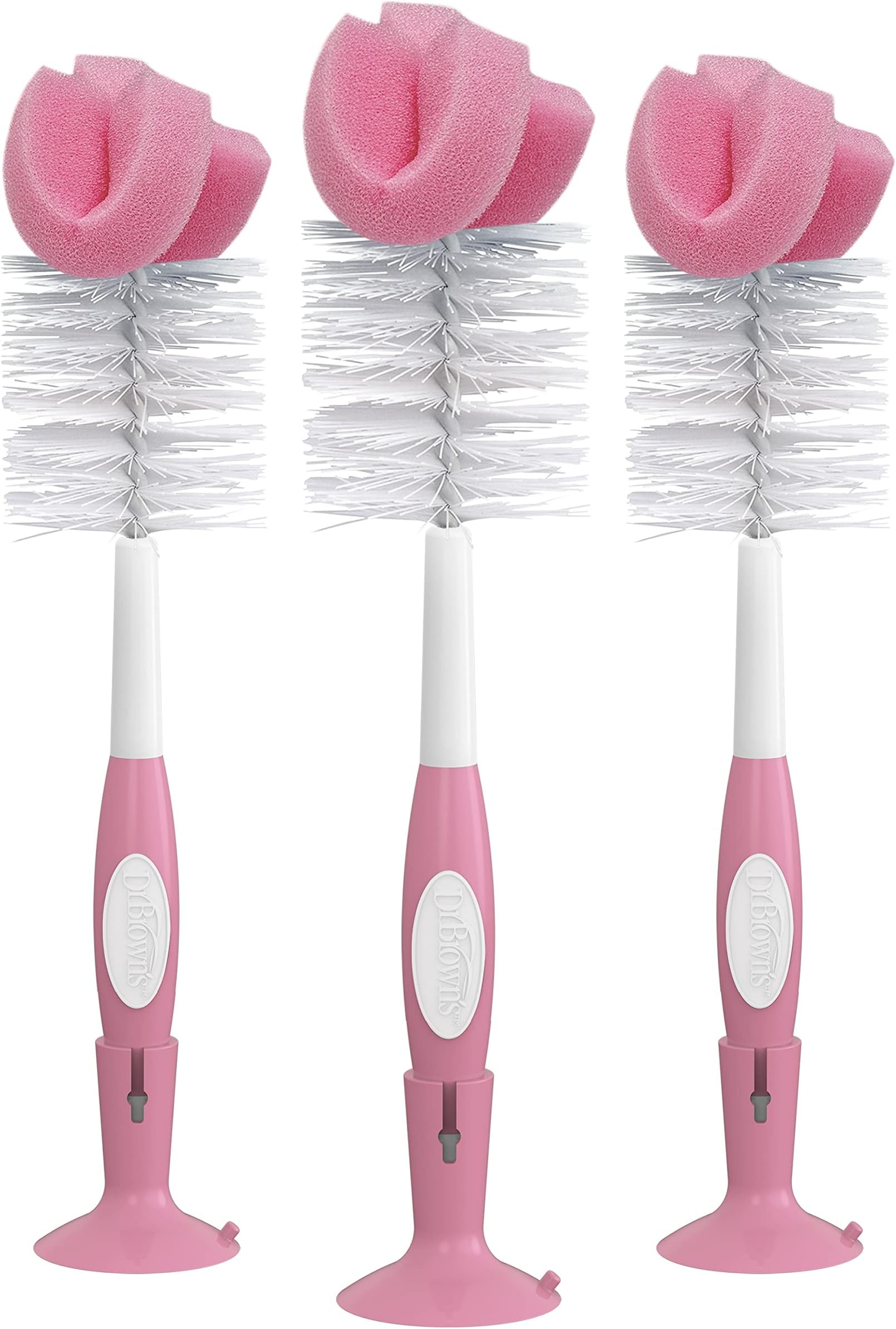 - Dr. Brown's Reusable Sponge Baby Bottle Cleaning Brush Set with Suction Cup Stand, Scrubber and Nipple Cleaner, Pink, 3 Pack