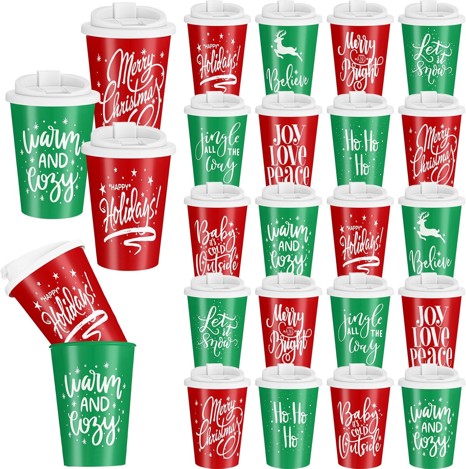 Sliner 20 Pcs Christmas Reusable Coffee Cups with Lids Bulk 12 oz Christmas Plastic Cup Gifts Xmas Drinks Tumblers with Snowflake for Coworkers Family Winter Party Favors (Red,Green)