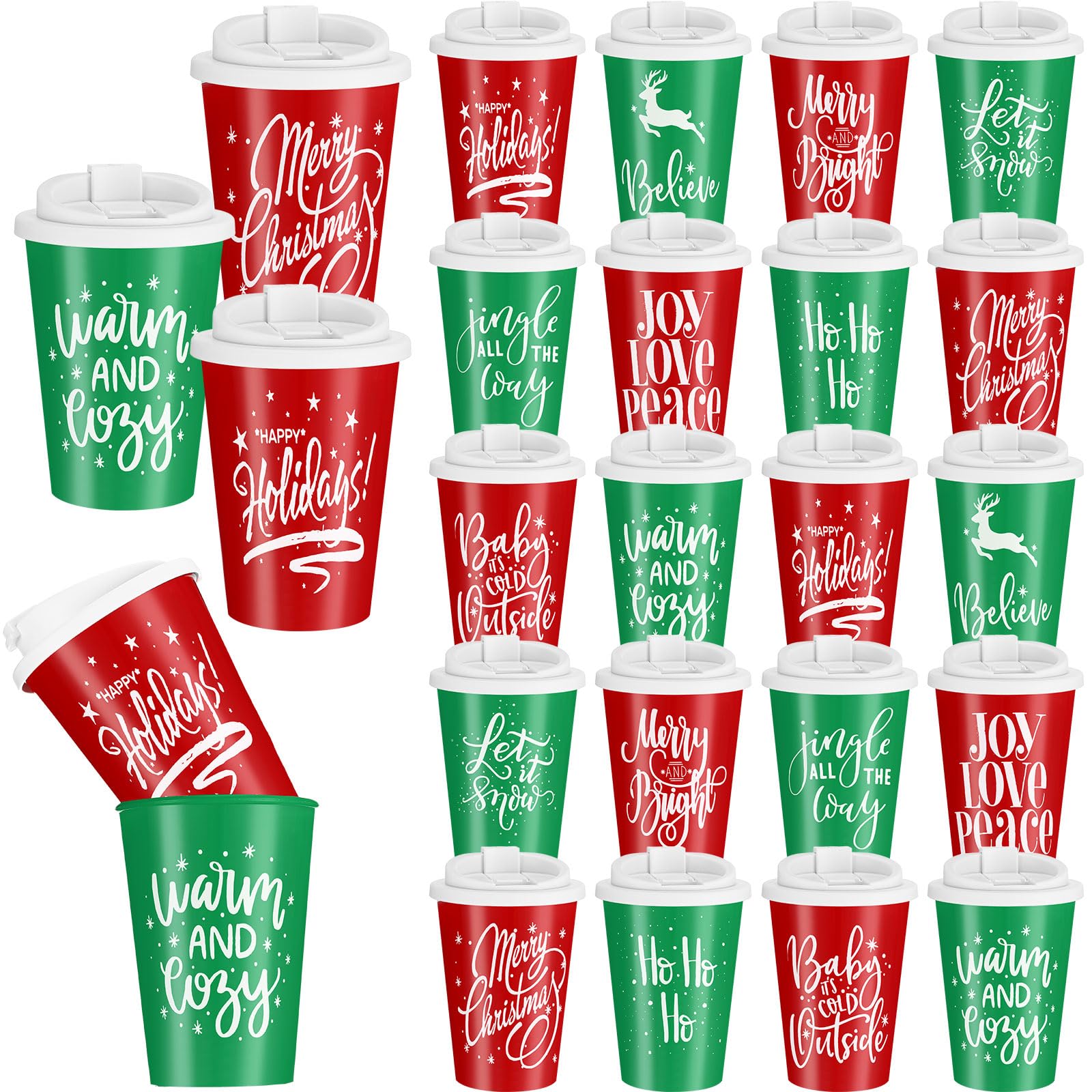 Sliner 40 Pcs Christmas Reusable Coffee Cups with Lids Bulk 12 oz Christmas Plastic Cup Gifts Xmas Drinks Tumblers with Snowflake for Coworkers Family Winter Party Favors (Red and Green)