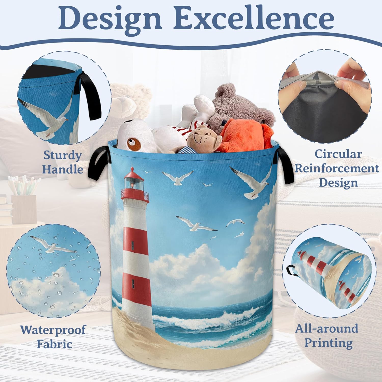 Lighthouse On The Beach Laundry Basket,Foldable Oxford Cloth Laundry Hamper With Handle, 20.8"x16" Portable Clothes Storage Basket Bag for Laundry Room/Bathroom/Bedroom/Dormitories