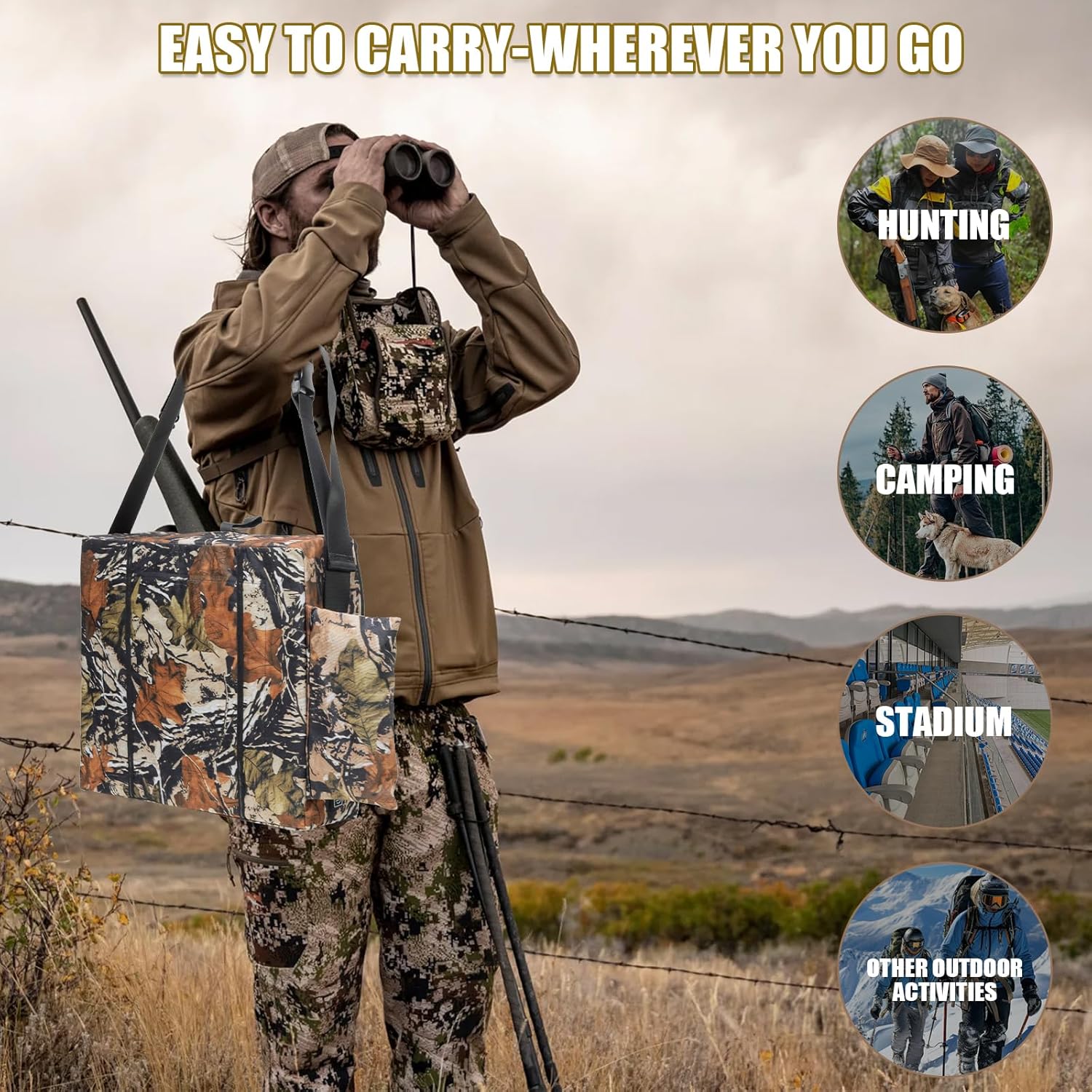Heated Hunting Seat Cushion Pad Thermal Hunting Seat with 10000 mAh Power Bank Adjustable Temperature Hunting Hot Seat Cushion for Tree Stand,Bleacher,Sport Without Backrest