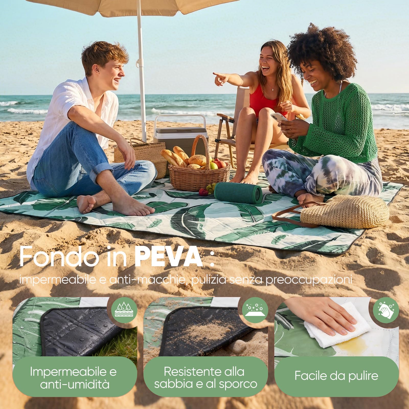 Sekey Coperta Picnic Impermeabile Grande 200x300 cm Antisabbia Imbottita PEVA per Picnic, Camping, Spiaggia
