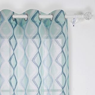 Deconovo Decorative Light Filtering Wave Print Woven Voile Panel Sheer Curtains with Grommet Top for Living Room 42X95 Inch Green and White One Panel