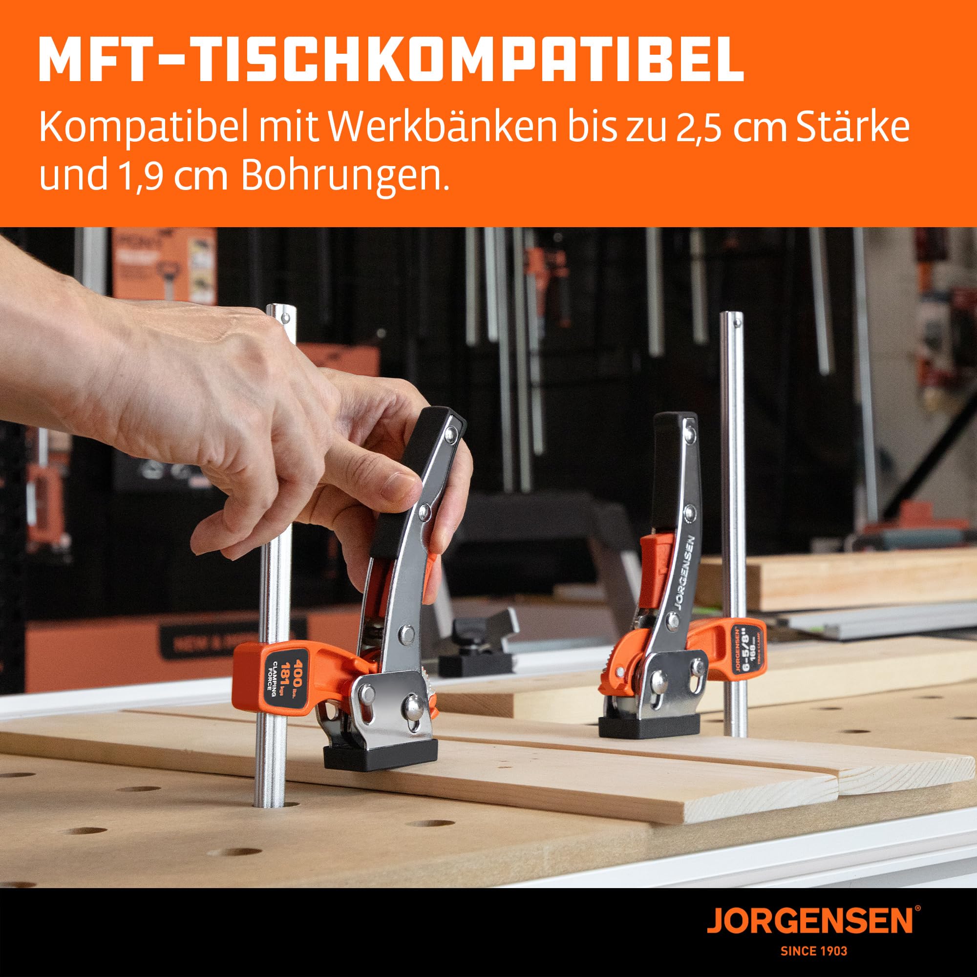 JORGENSEN 2er-Set Schnellspannzwingen, Hebelzwingen für Führungsschienen, mit Verriegelungsmechanismus, Spannkraft bis 181 kg, Spannweite 168 mm