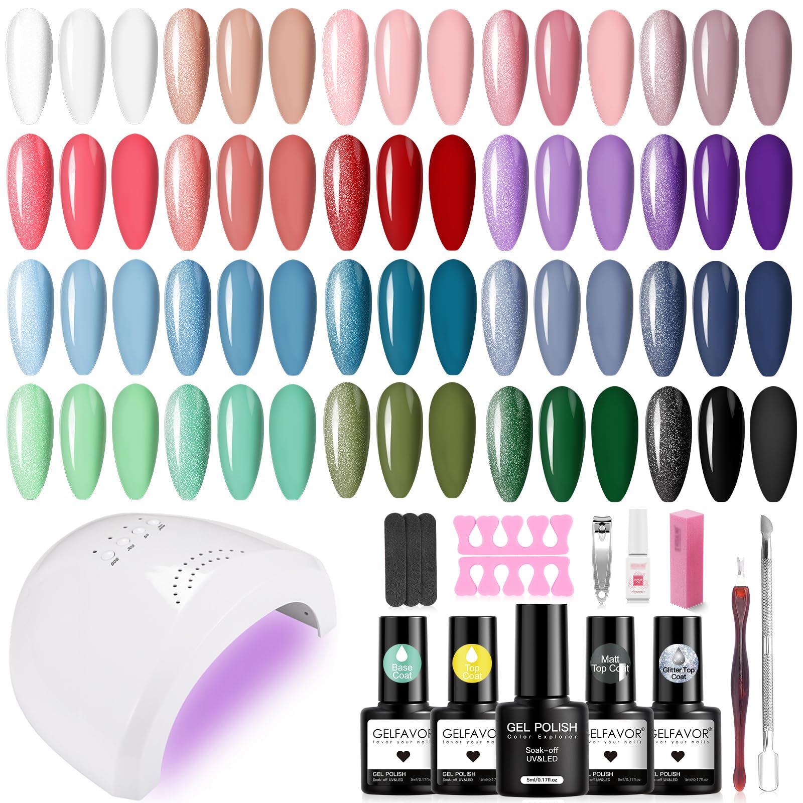 GELFAVOR Kit Uñas Semipermanentes con 48W Lámpara, Esmaltes Semipermanentes Kit Completo, 20 Colores Azul Violeta Rosa Verde Rojo UV LED Pintauñas Semipermanentes Mini