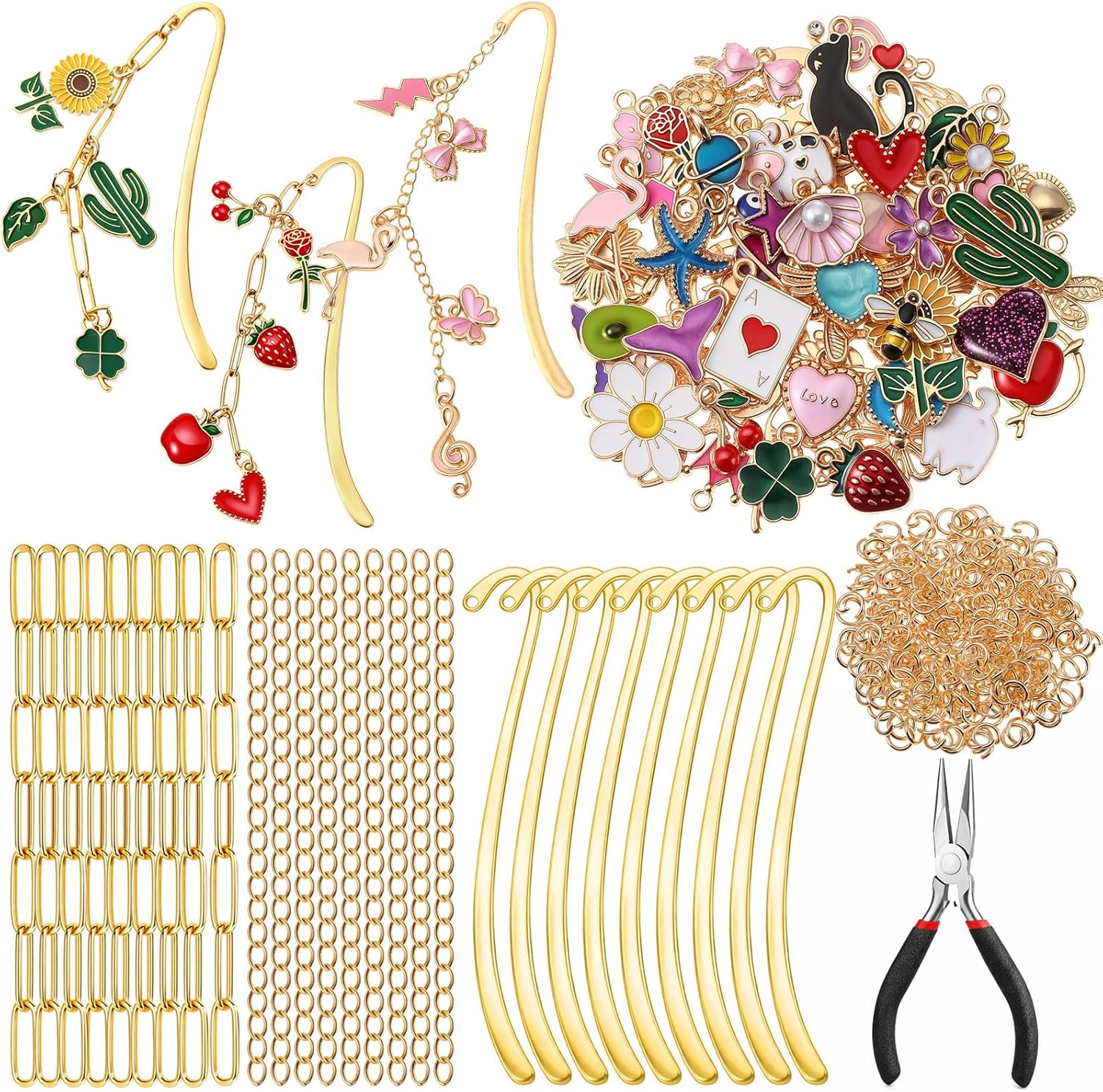 Tudomro 250 Pcs Metal Bookmarks Making Kit, DIY Metal Bar Bookmark Kit, DIY Craft Supplies with Charms, Jump Rings, Chains and Tools, Jewelry Making for Custom Bookmark Crafts (Cute)